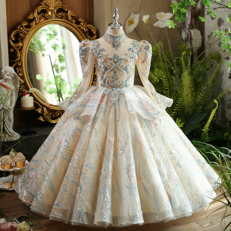 Elegant Champagne A-Line Flower Girl Dress with Lace Details & Cold Shoulder Design - Perfect for Weddings, Bridal Showers & Special Occasions