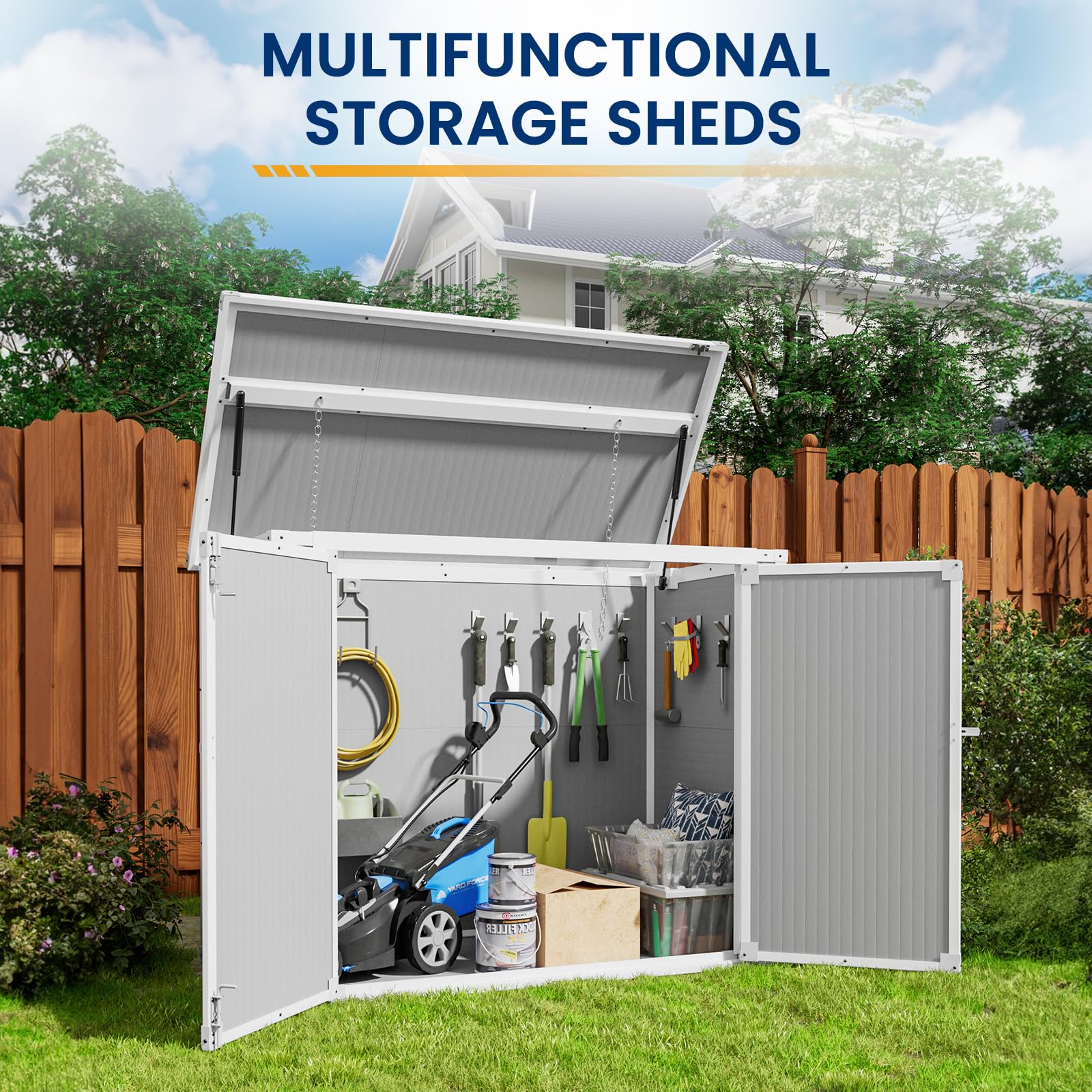 Amopatio 41 Cu Ft Horizontal Outdoor Storage Shed - Durable Resin Trash Can & Garden Tool Organizer - Weatherproof Grey Shed for Lawn Mowers, Patio Furniture & Backyard Storage | Perfect for Garage Organization, Yard Maintenance & Seasonal Item Protection