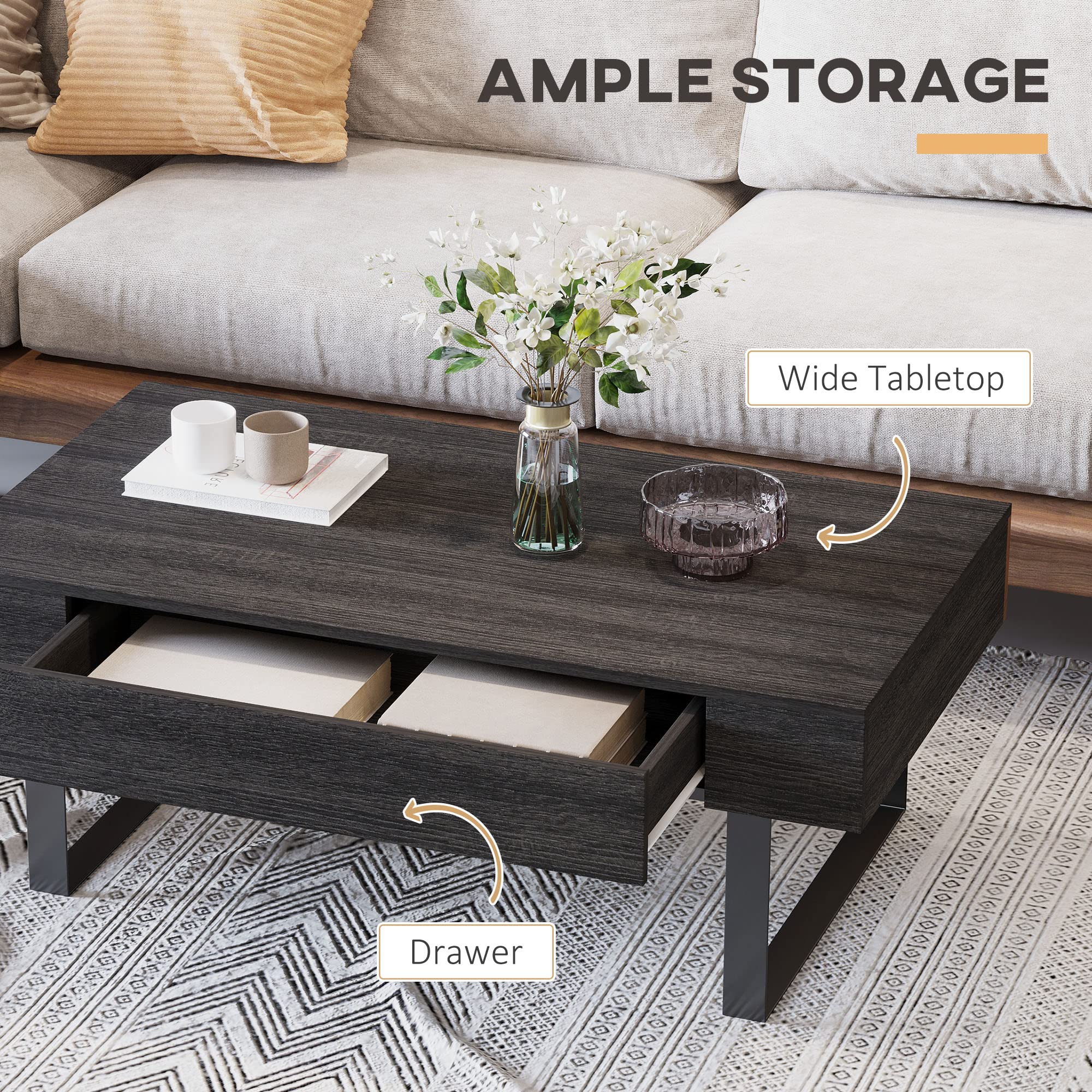 Mid-Century Modern Coffee Table with Storage Drawer - Metal Sled Legs & Wood Grain Surface - Dark Grey Living Room Furniture for Small Spaces, Apartments & Home Decor