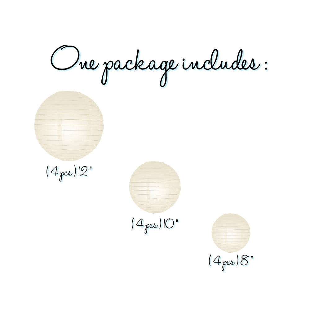 12-Piece Beige/Ivory Chinese Paper Lantern Set - 12/10/8 Inch Hanging Wedding & Party Decorations - Perfect for Asian-Themed Events, Home Decor, and Festival Celebrations