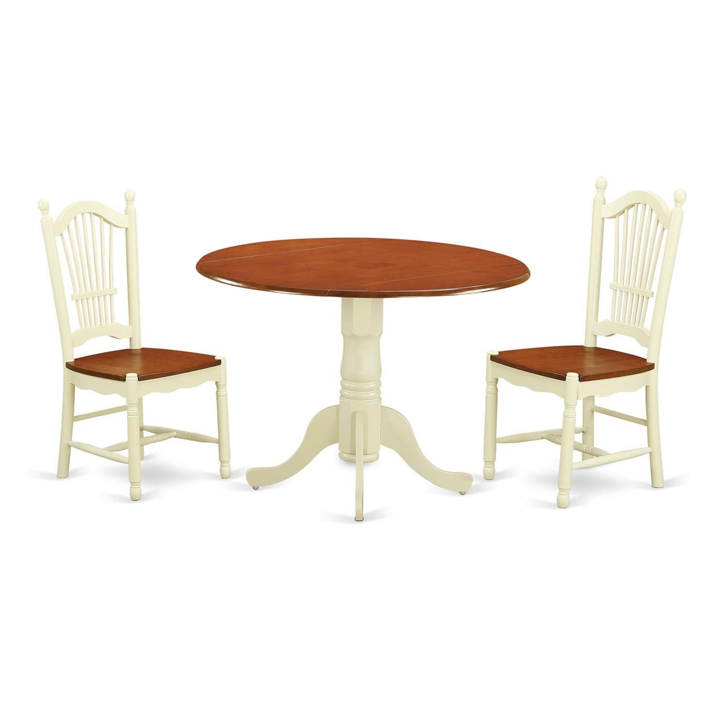 East West Furniture DLDO3-BMK-W 3-Piece Dining Room Set - Round Drop Leaf Kitchen Table with 2 Chairs, 42x42 Inch, Buttermilk & Cherry Finish - Perfect for Small Spaces, Breakfast Nooks & Cozy Apartments