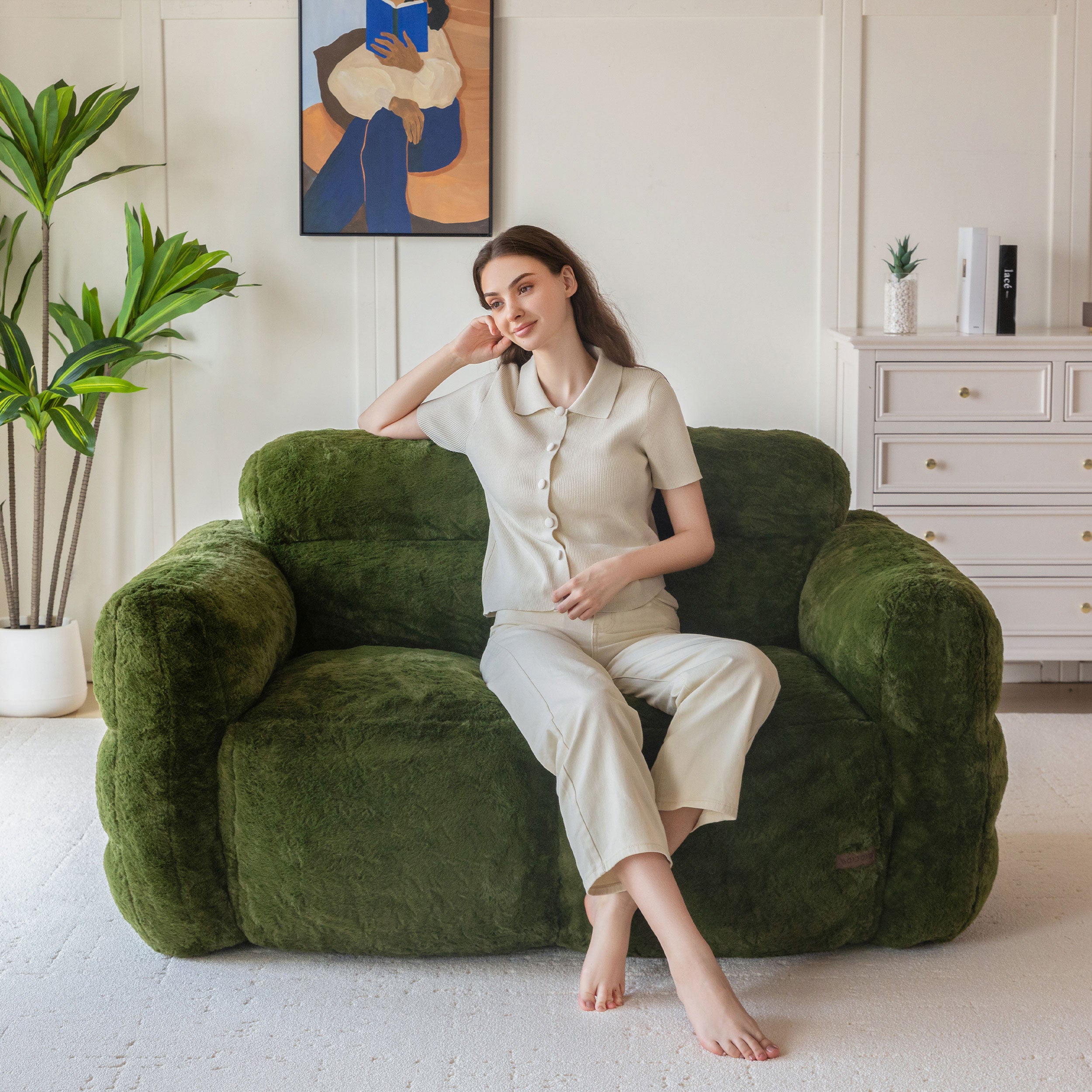 MAXYOYO Giant Bean Bag Chair for Adults - Ultra Soft Fluffy Oversized Floor Sofa for Living Room & Bedroom - Cozy Reading Chair with Filler (Green) - Perfect for Relaxing, Gaming & Movie Nights