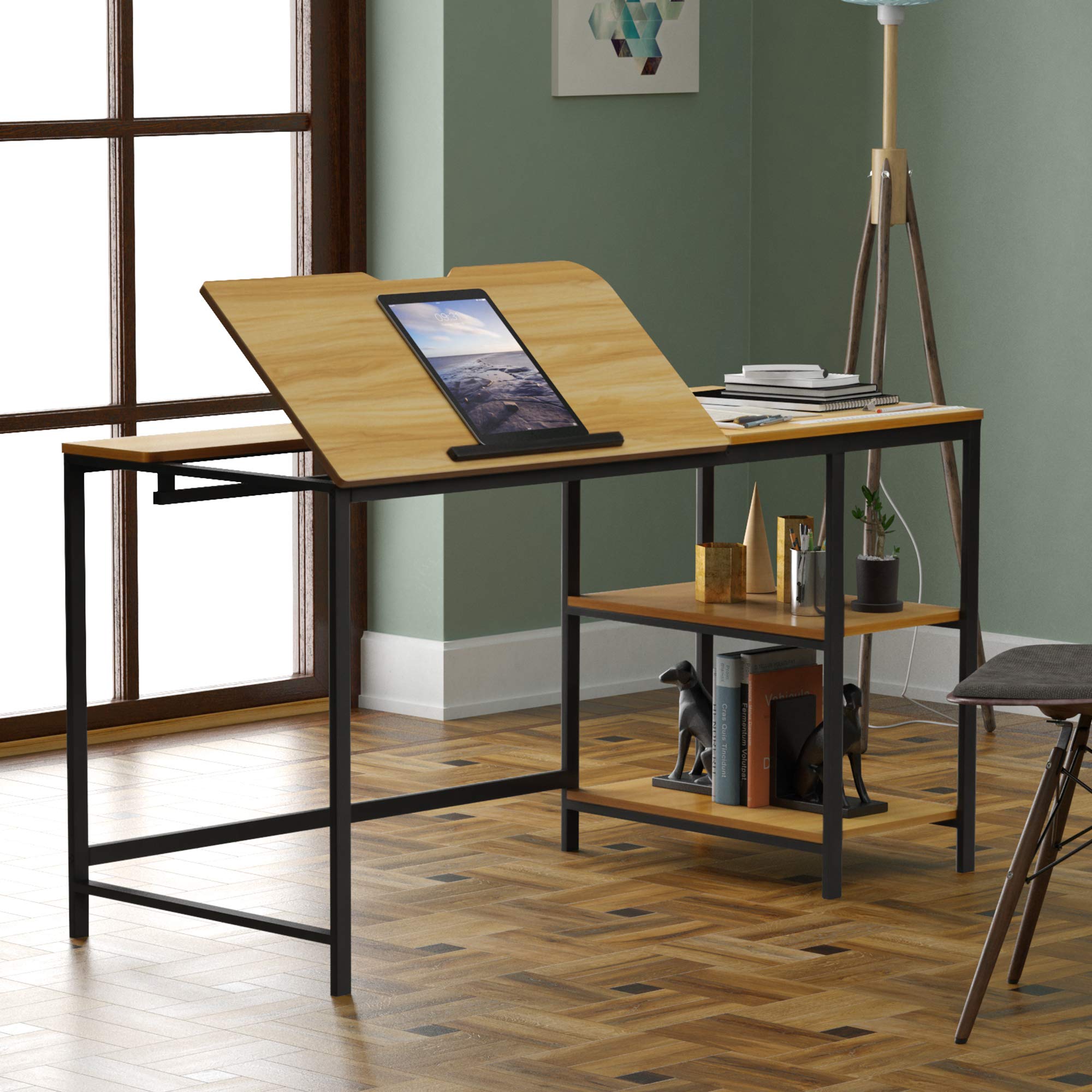 55 Inch Adjustable Tilt Top Drawing Desk with Shelf - Heavy Duty 180lbs Capacity Home Office Computer Desk for Artists, Drafting & Laptop Use - Perfect for Studio, Workspace & Remote Work