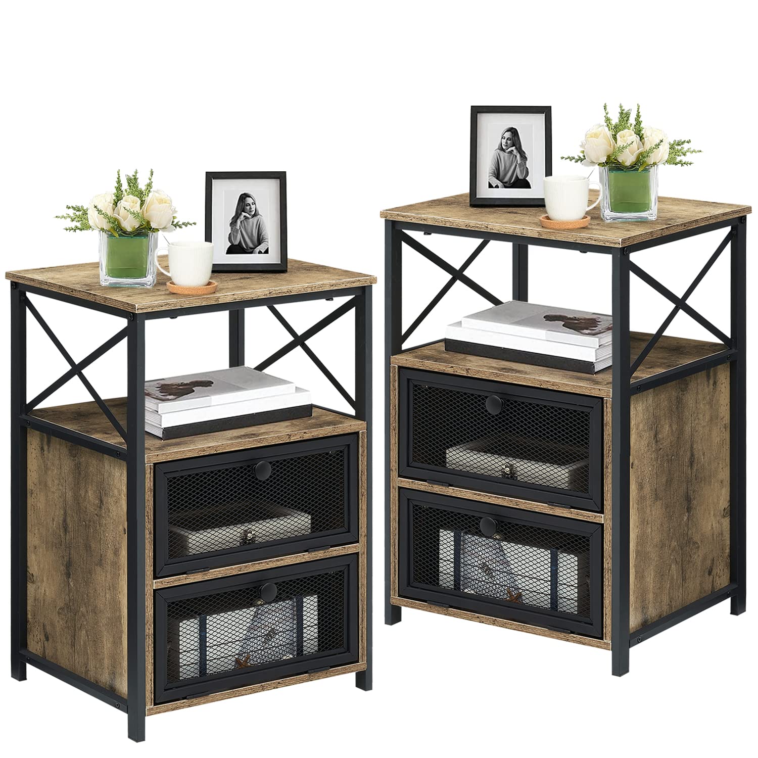 VECELO Modern Night Stand with Storage & Drawer - X-Design End Table for Bedroom, Living Room, Office - Space Saving Nightstand with Door - Set of 2 Grey Side Tables for Small Spaces & Apartment Decor