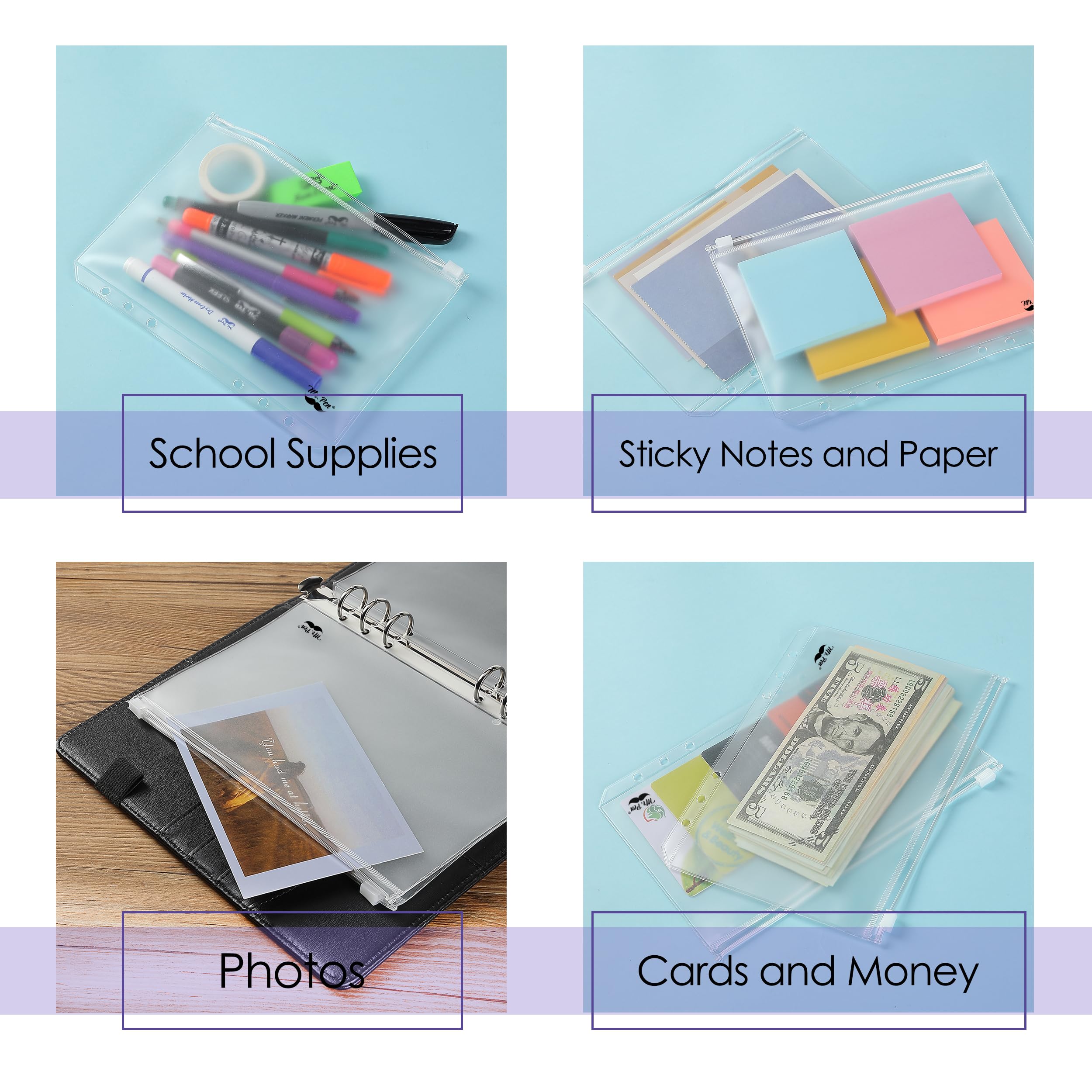 Mr. Pen A5 Plastic Binder Pockets - 8 Pack Clear 6-Ring Binder Envelopes for Money, Cash & Documents - Lightweight Money Organizer for Office, School & Travel (8 Pieces)