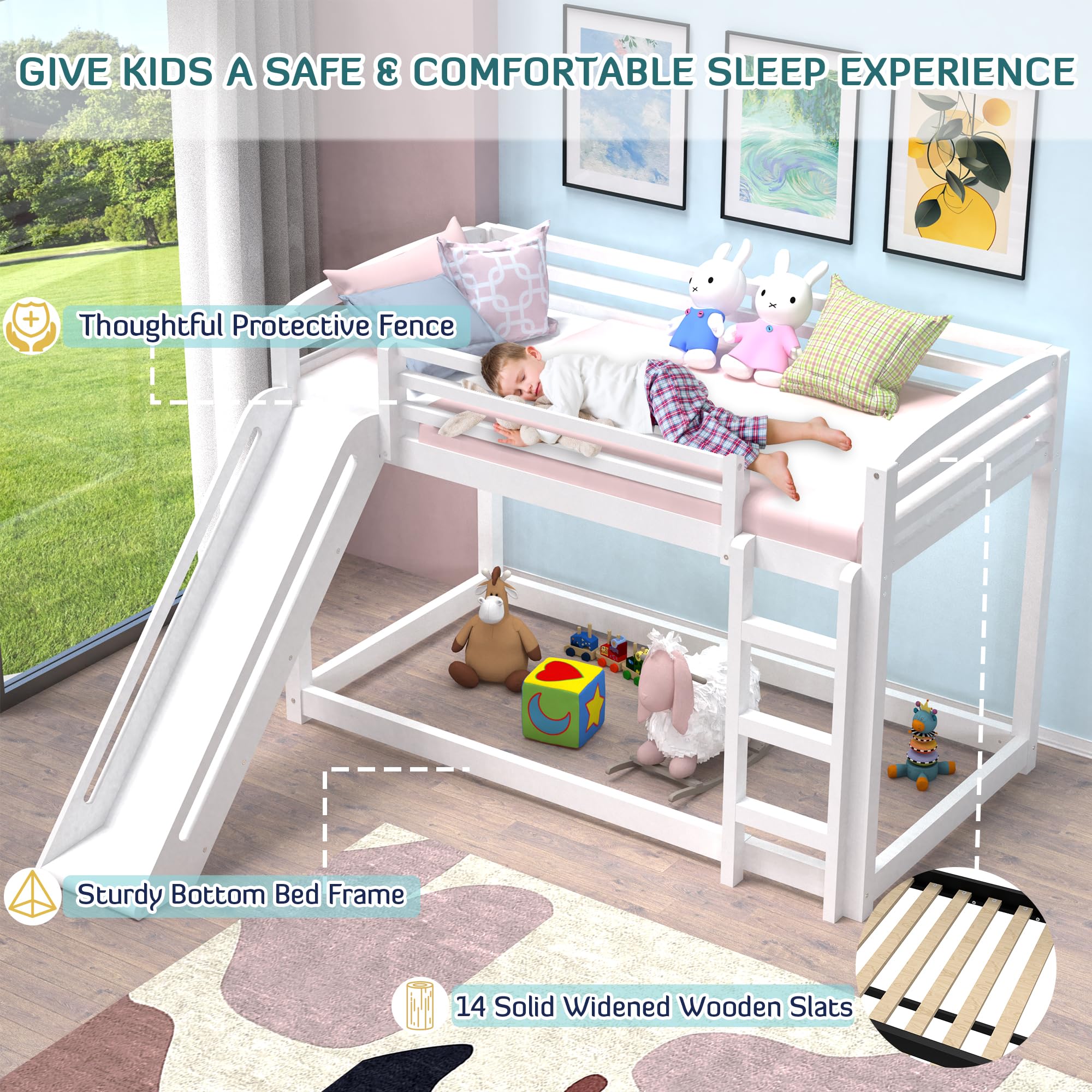Solid Wood Twin Over Twin Bunk Bed with Ladder & Safety Rail - Low Profile Kids Bunk Bed Frame for Boys, Girls, Teens - Perfect for Bedrooms, Apartments, Dorm Rooms - No Box Spring Needed - Space-Saving Sleep Solution for Siblings or Sleepovers