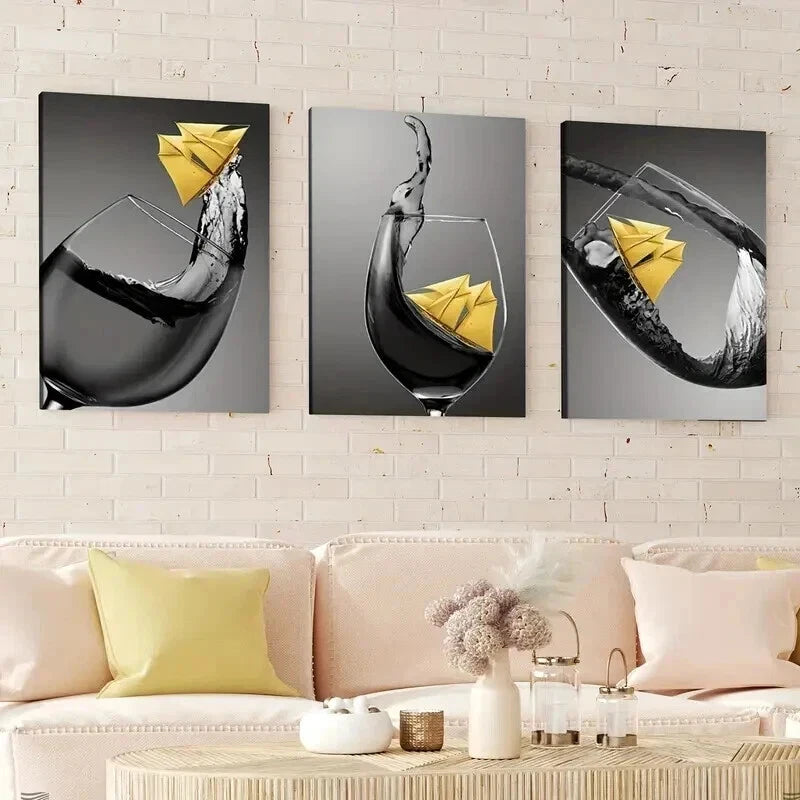3-Piece Abstract Black & Yellow Wine Glass Wall Art Set - Framed Canvas 50x70cm | High Quality Print | 100% Australian Made | Ready to Hang | Perfect for Dining Room, Bar & Home Decor