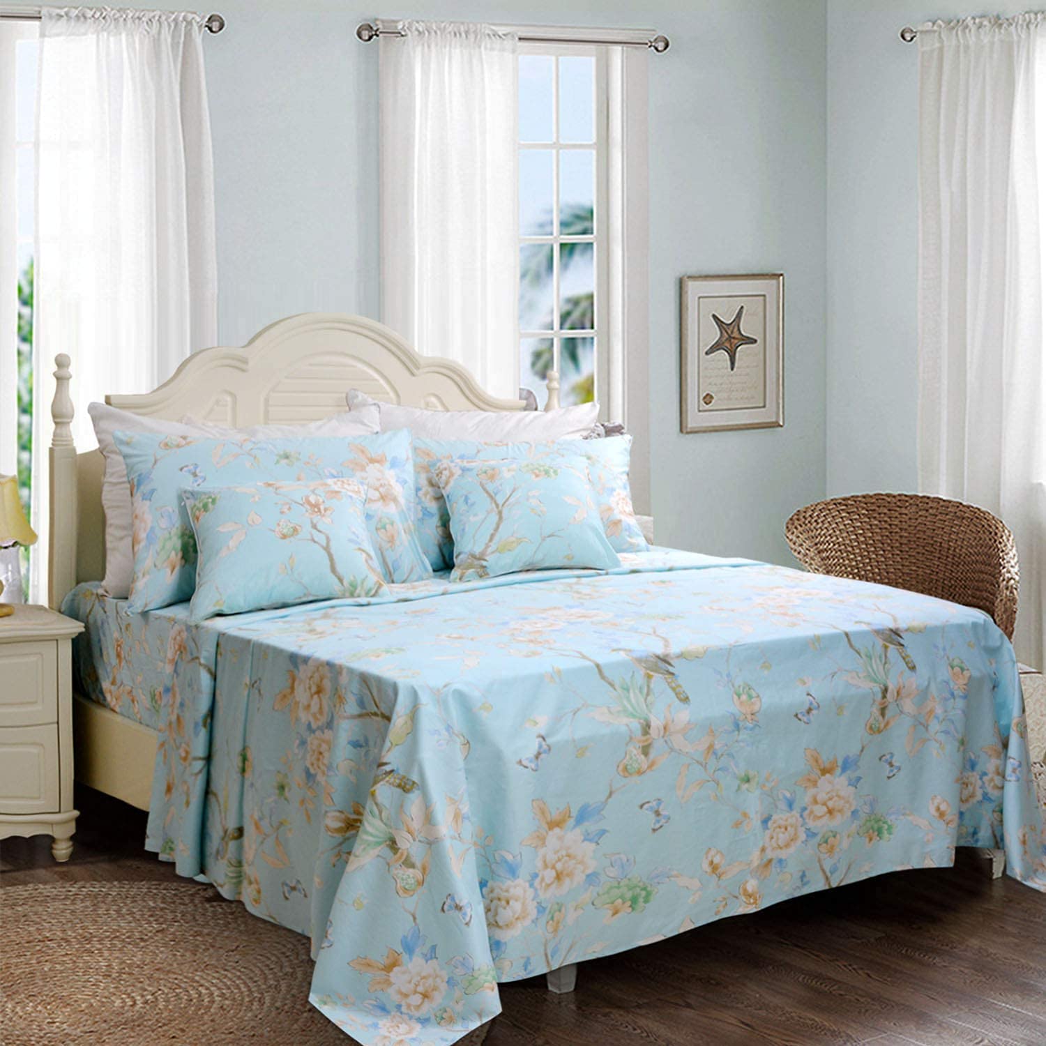 Luxury 800 Thread Count 100% Egyptian Cotton Floral Bedding Sheet Set - King Size 4-Piece with Deep Pocket, Butterfly & Bird Print Blue Design - Perfect for Master Bedroom, Guest Room & Hotel Decor