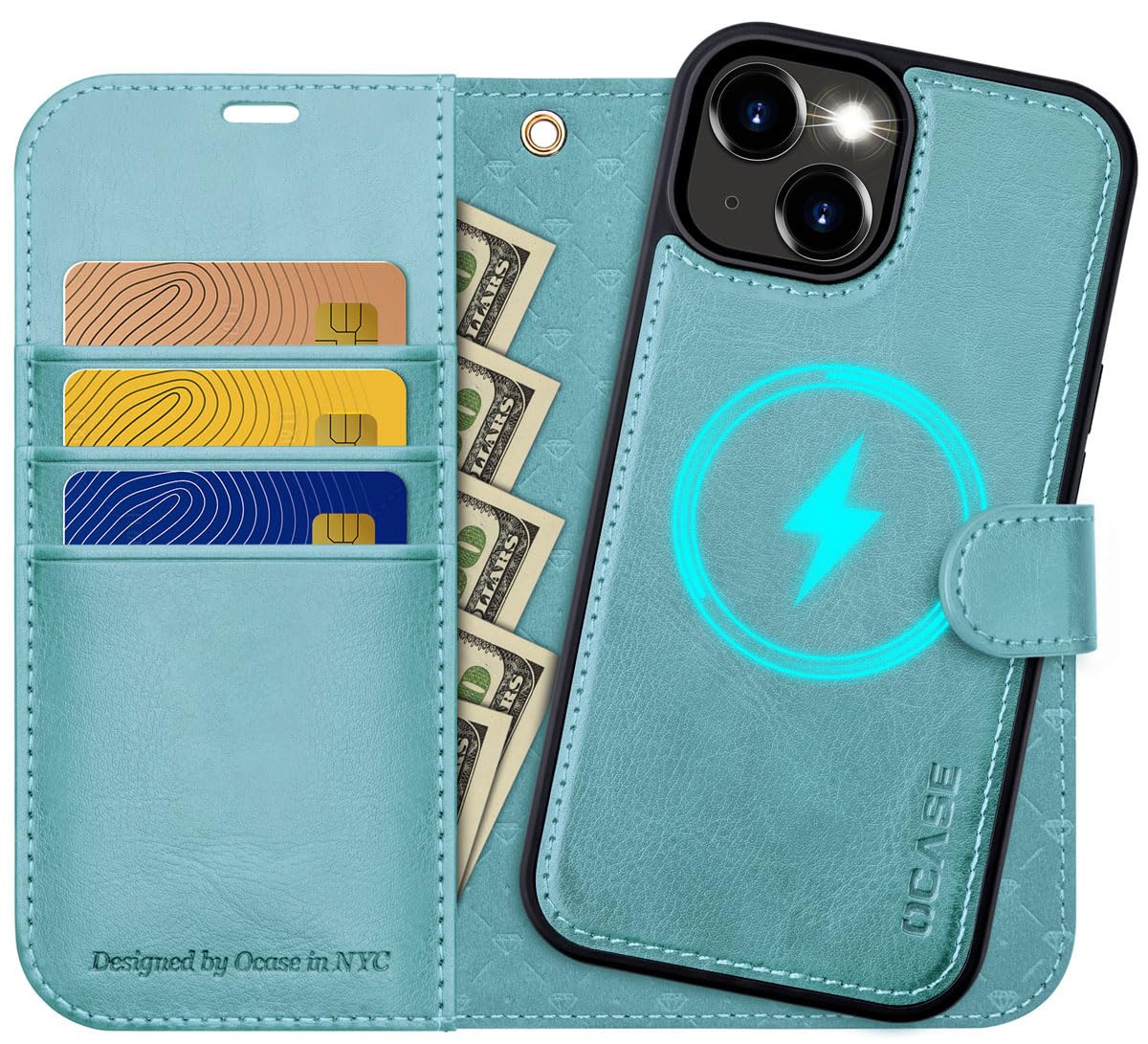 iPhone 15 Plus Wallet Case with Card Holder & RFID Blocking - Mint Green for Daily Use & Travel
