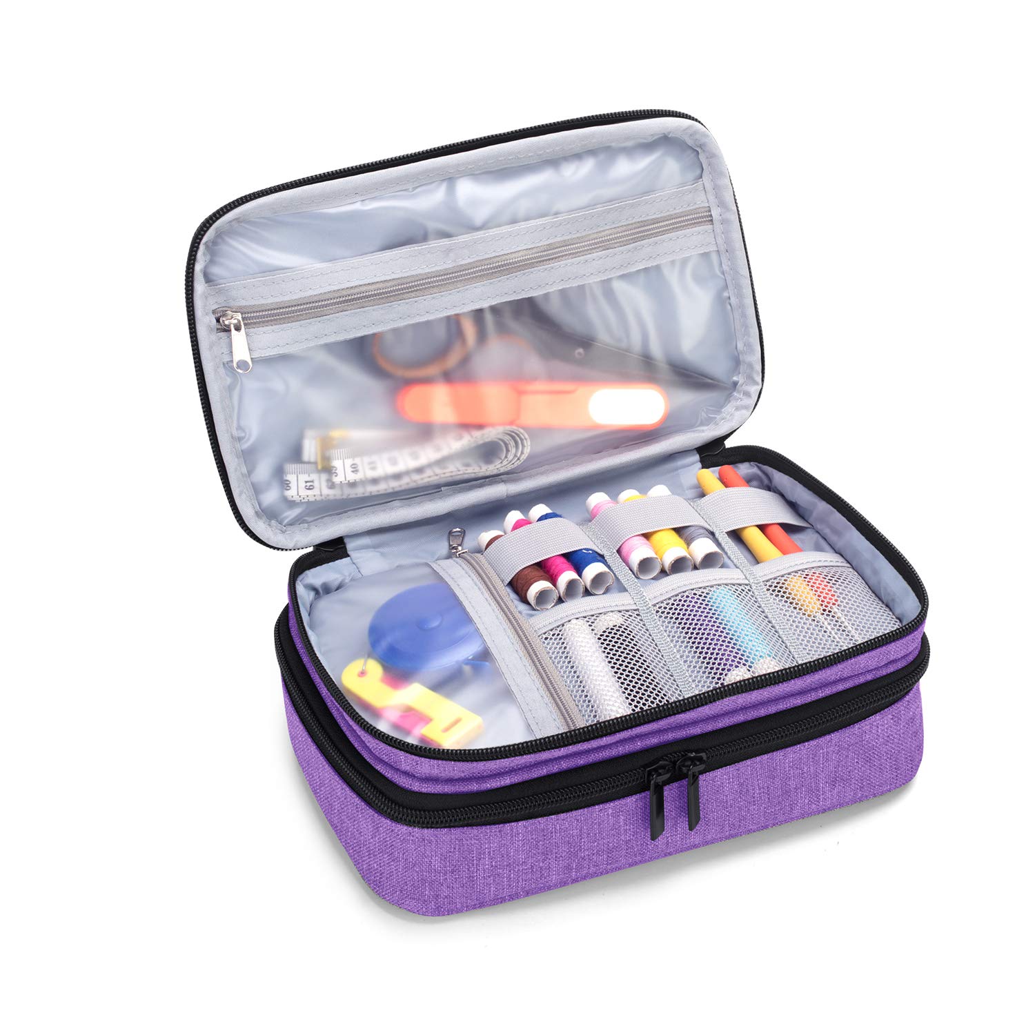 Luxja Double-Layer Sewing Organizer for Needles, Scissors, Measuring Tape & Thread - Purple Sewing Supplies Storage Case - Perfect for Home Sewing, Quilting & Craft Projects