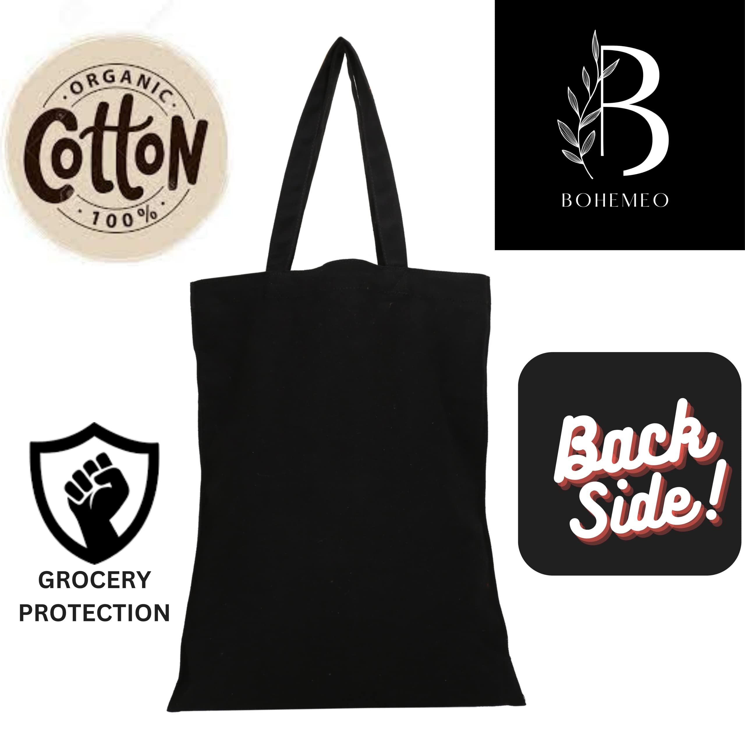 BOHEMEO Reusable Organic Cotton Canvas Tote Bag - Eco-Friendly Fashion Handbag with Stylish Prints for Women, Perfect for Shopping, Beach & Daily Use