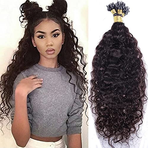 Brazilian Water Wave Human Hair Extensions - 100g 16 Inch Curly Micro Loop Ring Pre Bonded Hair Extensions with Remy Micro Beads (100 Strands, Natural Black) for Daily Styling & Special Occasions