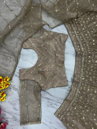 Elegant Muted Gold Organza Lehenga Choli Set for Weddings, Parties & Festive Occasions