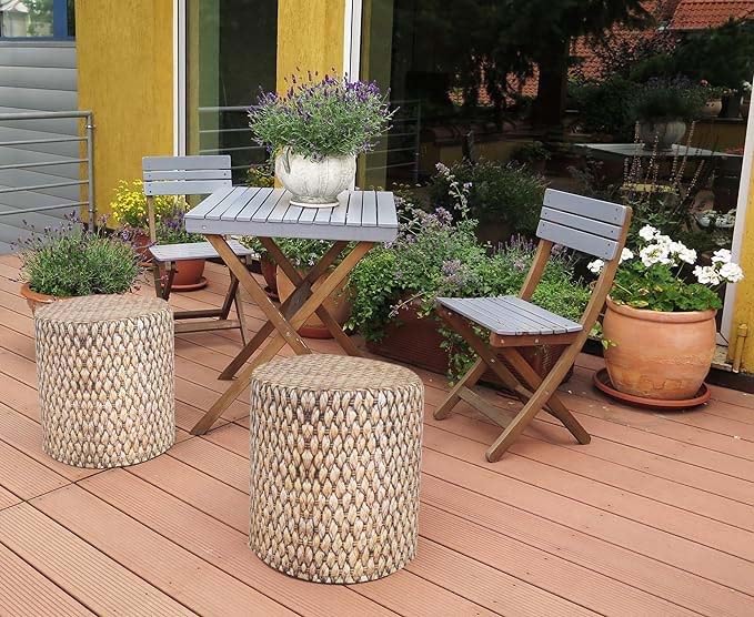 Delsit Woody Outdoor Pouf Ottoman - Waterproof Rattan Print Round Seat, Lightweight Footrest for Living Room & Patio - European Made Indoor/Outdoor Decor Furniture - Perfect for Lounging, Coffee Table Accent & Garden Seating