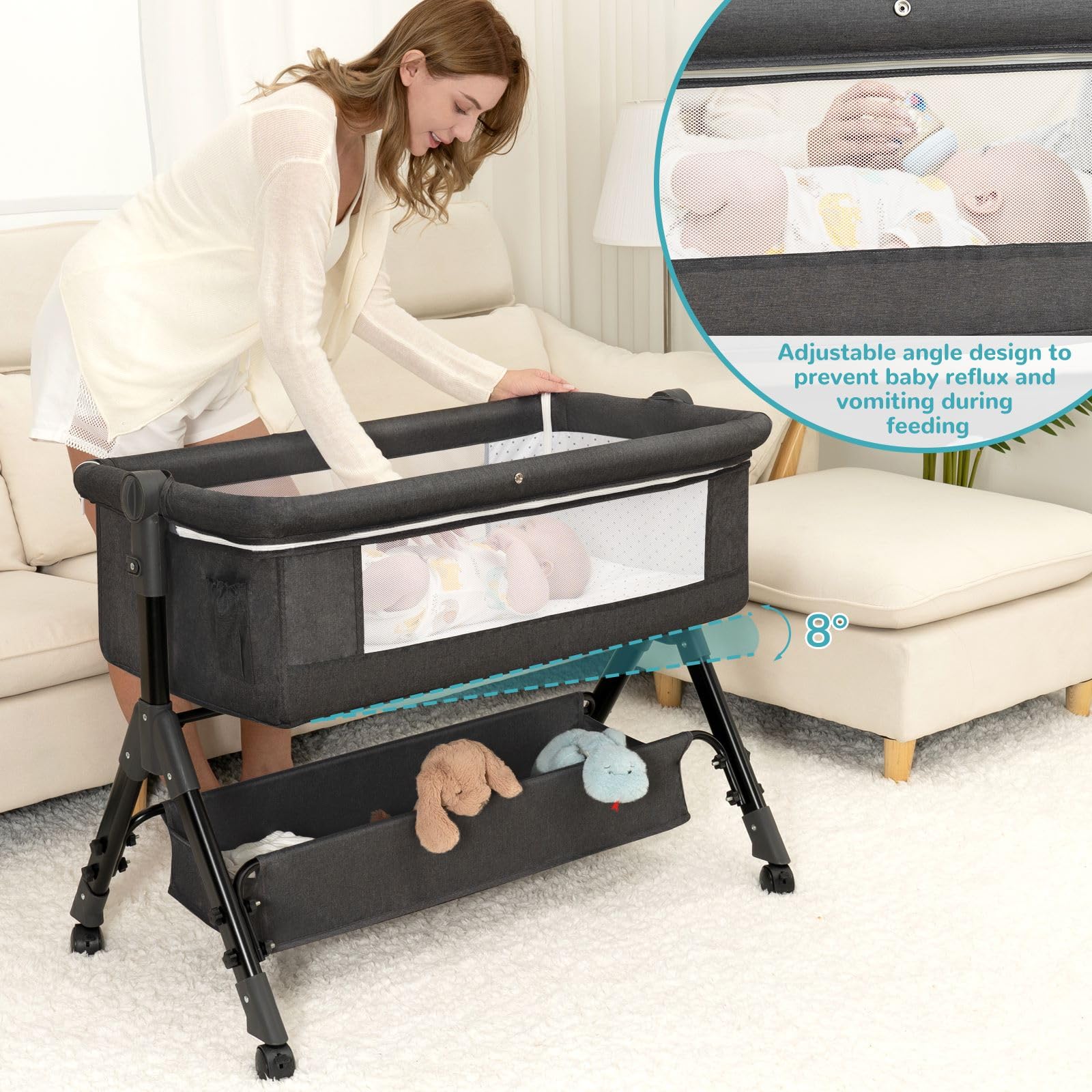 **3-in-1 Portable Baby Bassinet with Wheels & Mosquito Net - Adjustable, Foldable Bedside Sleeper for Newborns & Infants (Dark Grey) - Perfect for Nursery, Travel & Co-Sleeping**