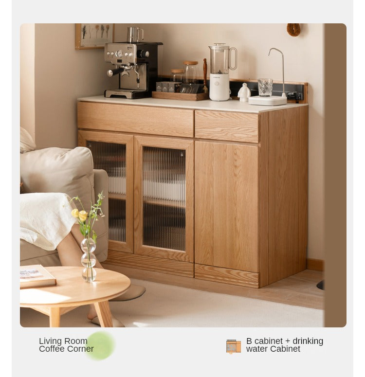 Solid Oak Wood Sideboard Buffet Cabinet - Multi-Functional Storage Locker with Drawers & Shelves for Dining Room, Living Room, and Entryway Organization