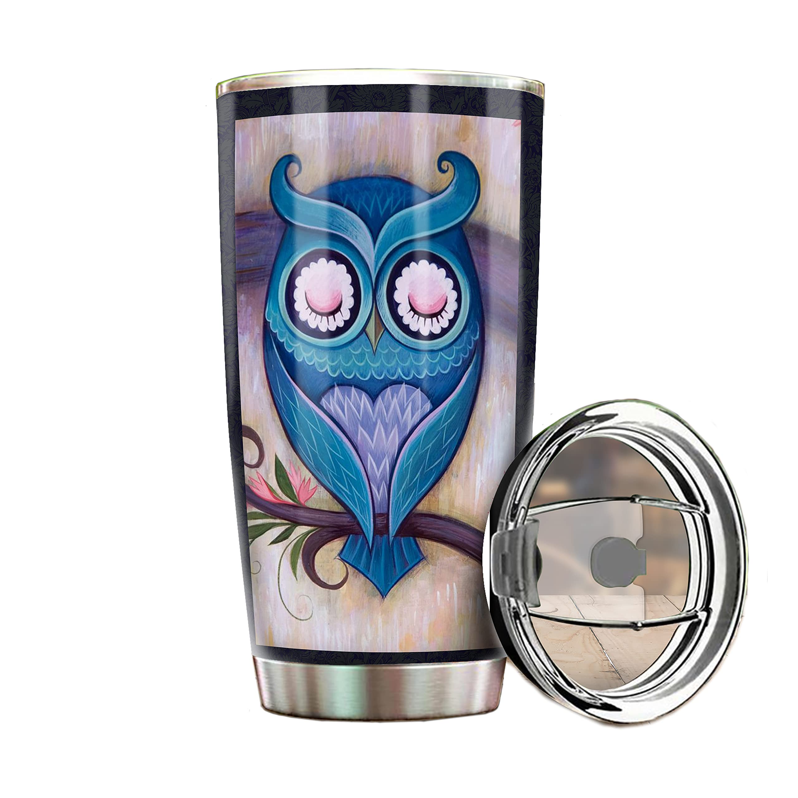 Personalized Stainless Steel Travel Mug 20Oz & 30Oz - Double Wall Vacuum Insulated Coffee Tumbler with Lid, Owl Design Thermos for Hot & Cold Drinks - Perfect for Office, Camping, Gym & Commuting