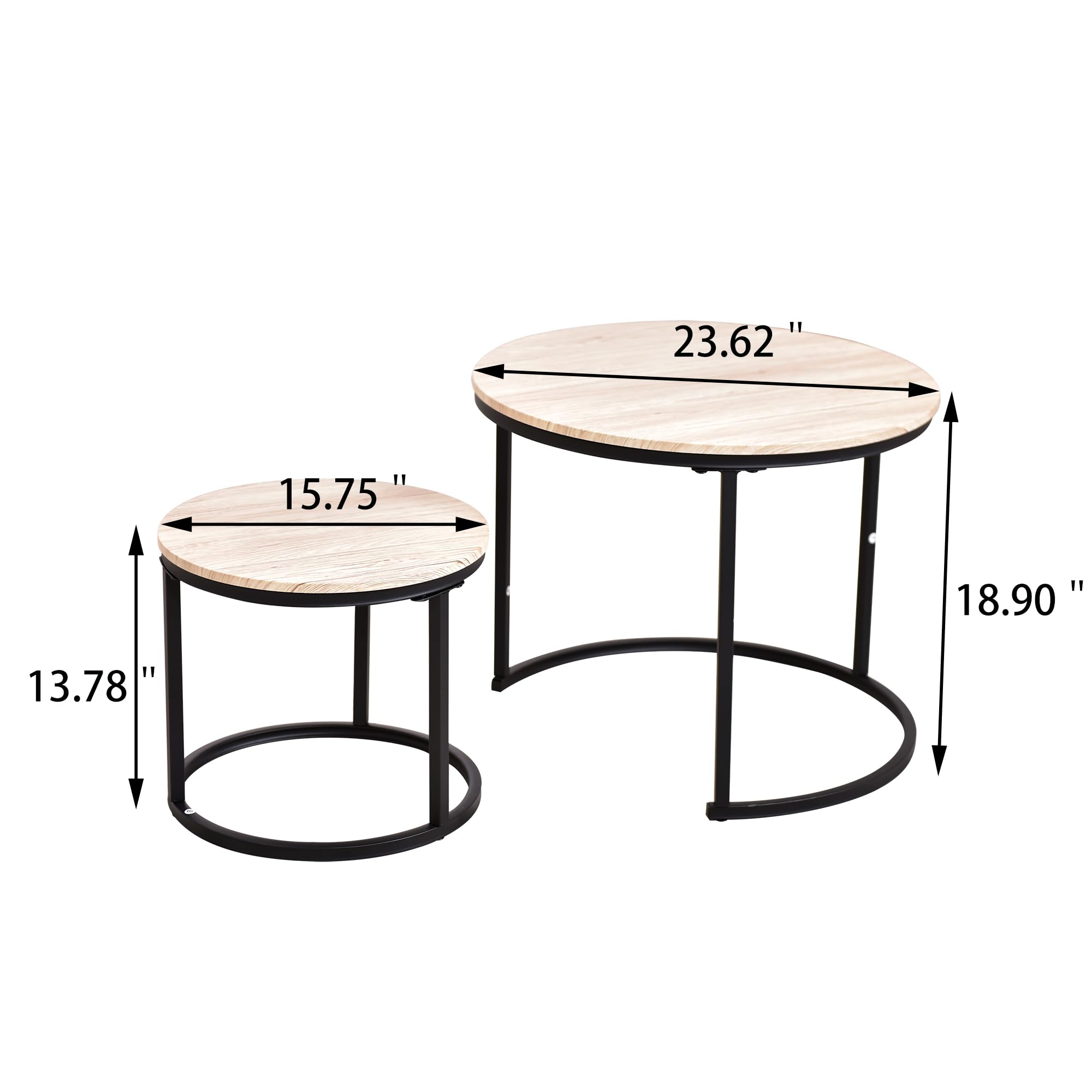 Modern Round Nesting Coffee Table Set of 2 - Solid Wood Top with Powder-Coated Metal Frame in Black/White Oak - Perfect for Living Room, Lounge, or Bedroom Side Tables