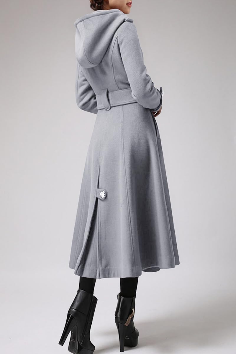 Women's Long Double-Breasted Hooded Wool Trench Coat with Belt - Winter Warm Overcoat for Ladies, Perfect for Office, Dating & Cold Weather Fashion