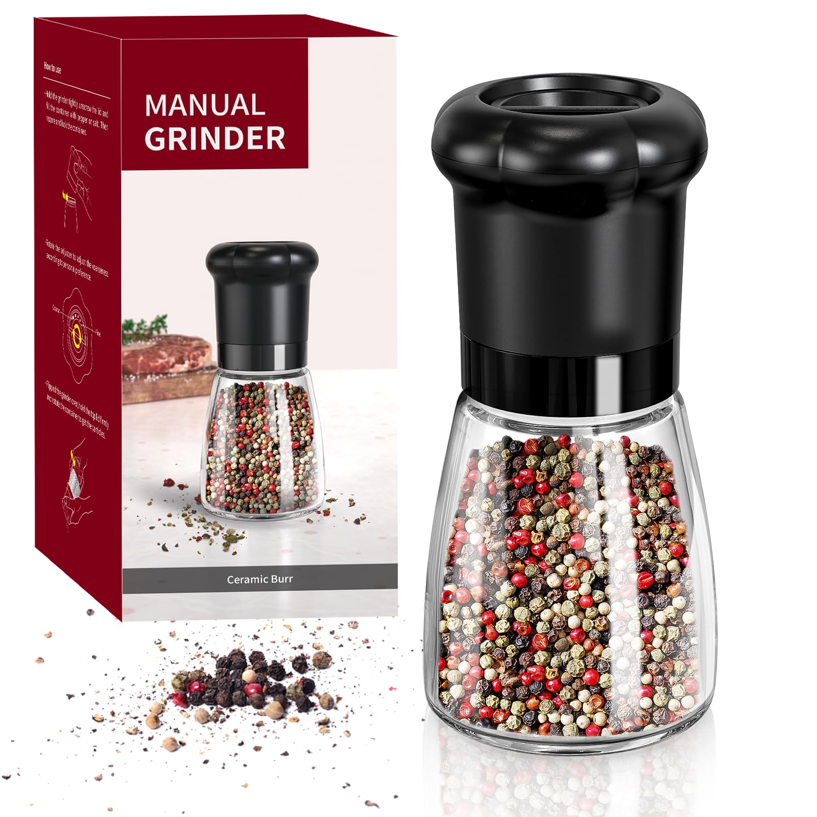Premium Manual Pepper Grinder - Professional Chef Spice Mill with Ceramic Blades, Adjustable Coarseness & BPA-Free 180ml Glass Container - Ideal for Kitchen, Dining Table & Gourmet Cooking - Short Black Refillable Pepper Shaker