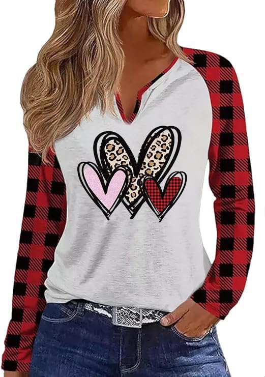 Valentine's Day Buffalo Plaid Heart Graphic Tee for Women - Long Sleeve Letter Print Love Shirt | Perfect for Date Nights, Galentine's Parties & Romantic Gifts