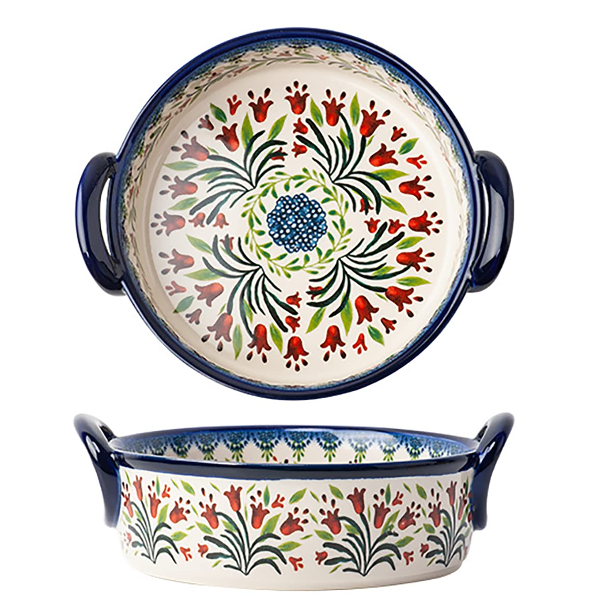 Vintage Tulip Flower Ceramic Casserole Dish - 32oz Oven Safe Baking Pan with Handles for Lasagna, Casseroles & More | Perfect for Family Dinners, Potlucks & Holiday Cooking