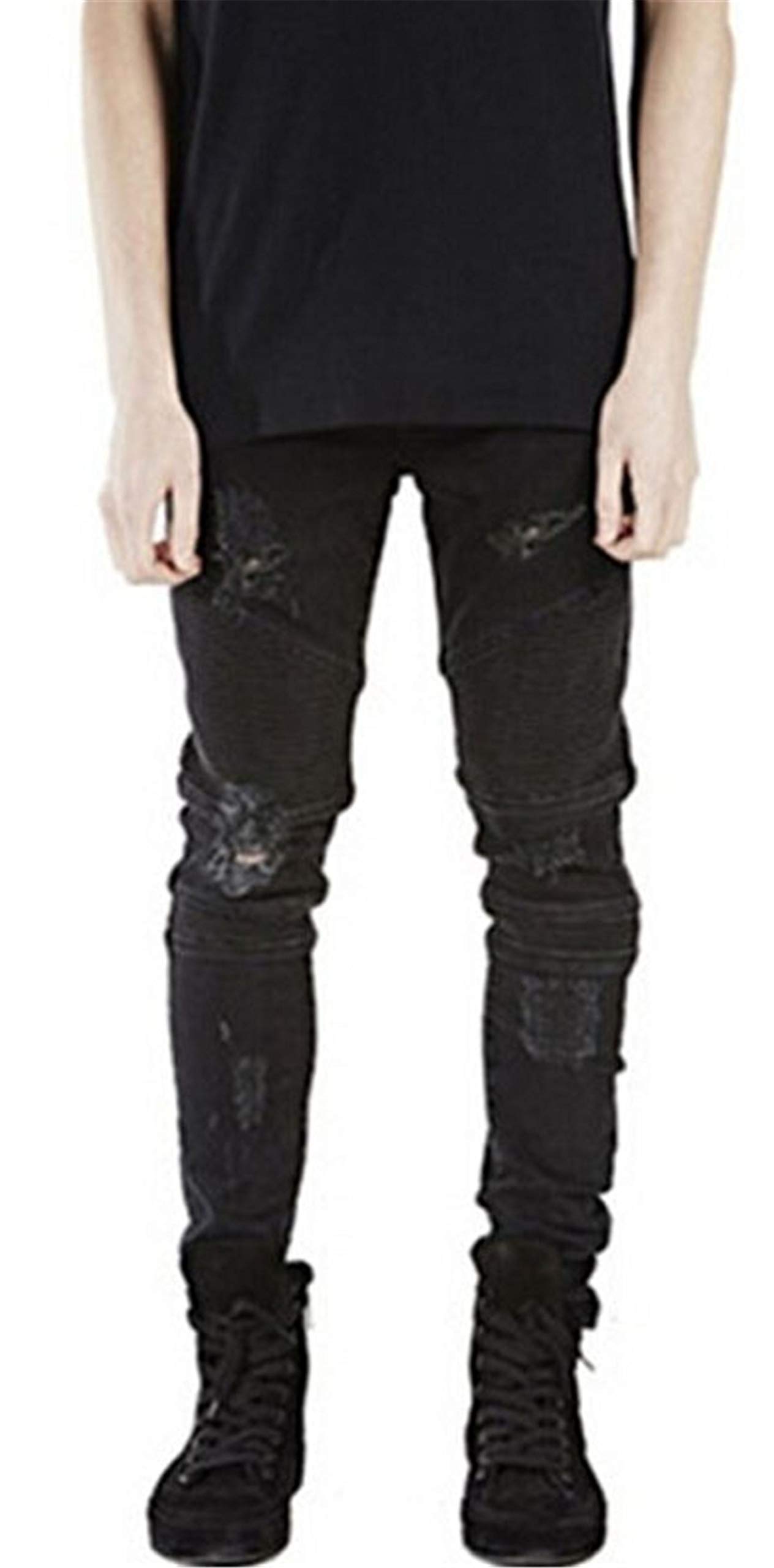 Men's Slim Fit Stretch Skinny Jeans - Washed Black Denim with Pleated Detail & Ripped Destroyed Style for Motorcycle Bikers (Size 33) - Perfect for Casual Wear, Night Out & Urban Street Fashion