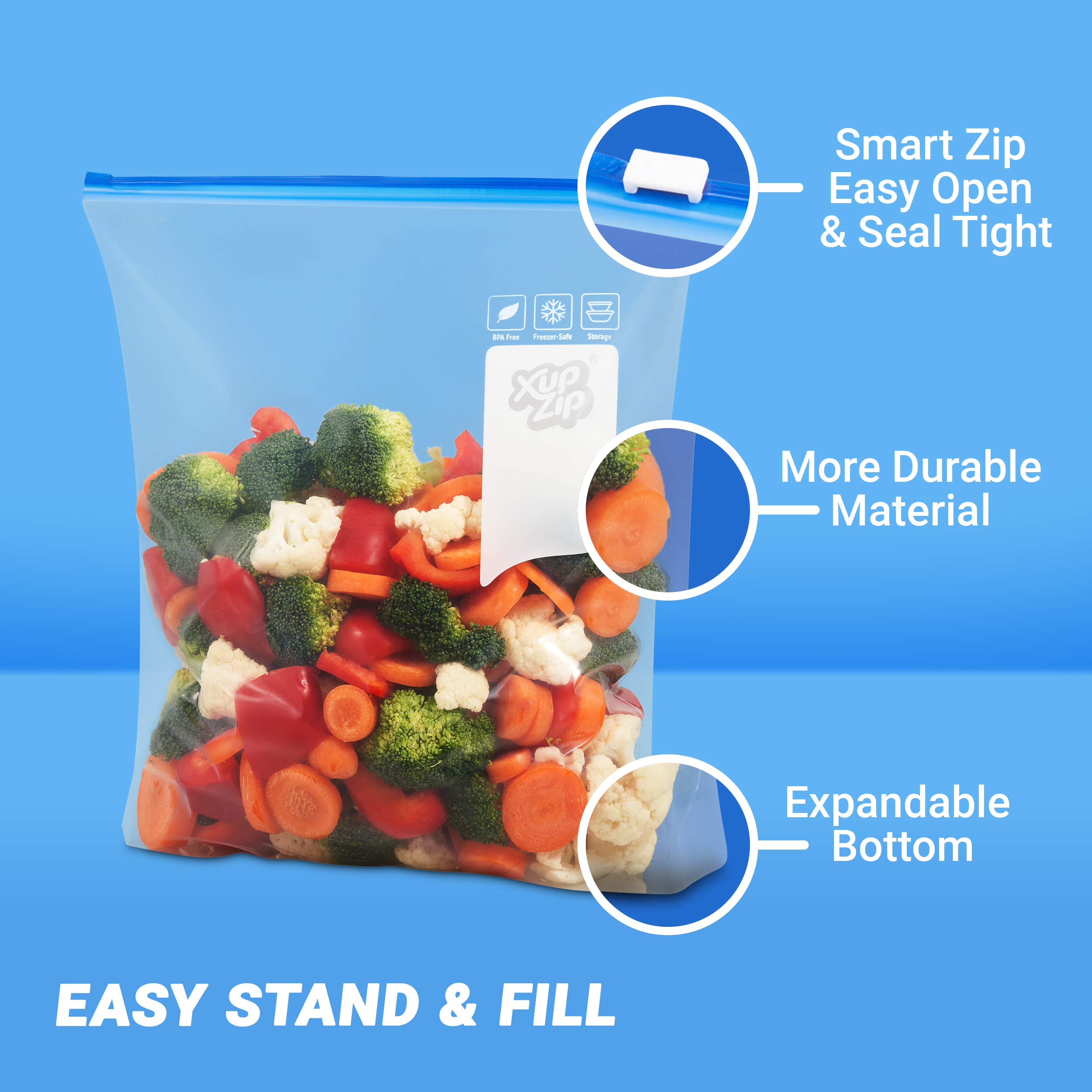 XupZip™ Heavy Duty Freezer Bags with Slider Zipper | Airtight Expandable Bottom Stand & Fill Food Storage Bags | BPA Free Gallon Size (30 Pack, 4.55L) for Meal Prep, Freezing & Organizing