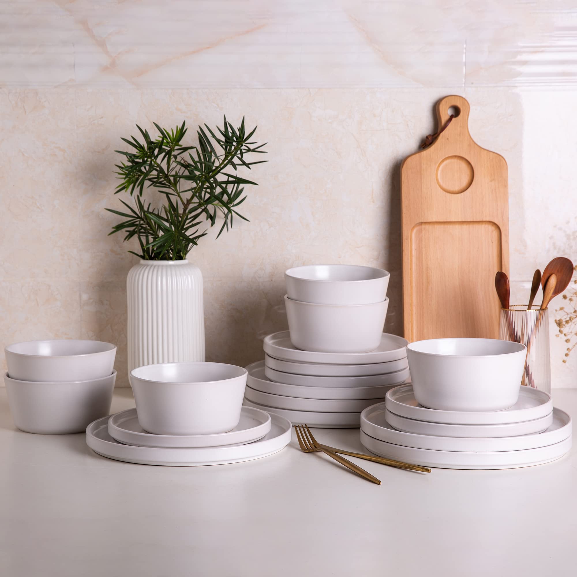 AmorArc 6-Piece Matte White Ceramic Plates Set - 8 Inch for Kitchen, Dining & Entertaining