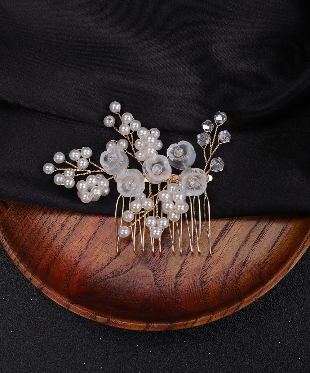 Denifery Makeup Gold Pearl Crystal Wedding Hair Comb - Elegant Bridal Hair Accessories for Brides & Bridesmaids | Perfect for Weddings, Proms & Special Occasions