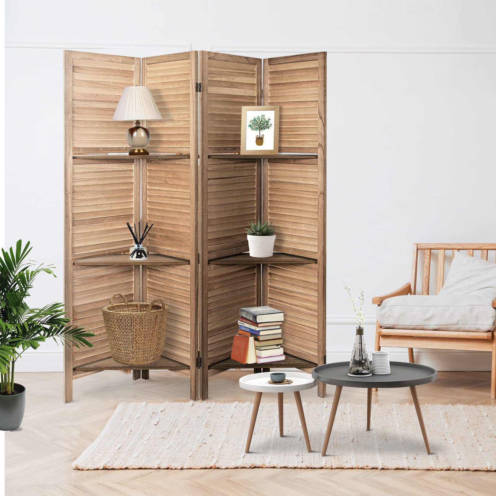 ECOMEX 4 Panel Wood Room Divider Screen - Freestanding Folding Privacy Partition with Shelves for Home & Office (Brown) | Perfect for Living Room, Bedroom, Studio Space Separation & Decoration