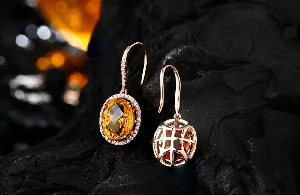 10KT/470 Rose Gold 7.91ct Natural Citrine & 0.36ct Round Cut Diamond Engagement Earrings for Women - Perfect for Weddings, Anniversaries & Special Occasions