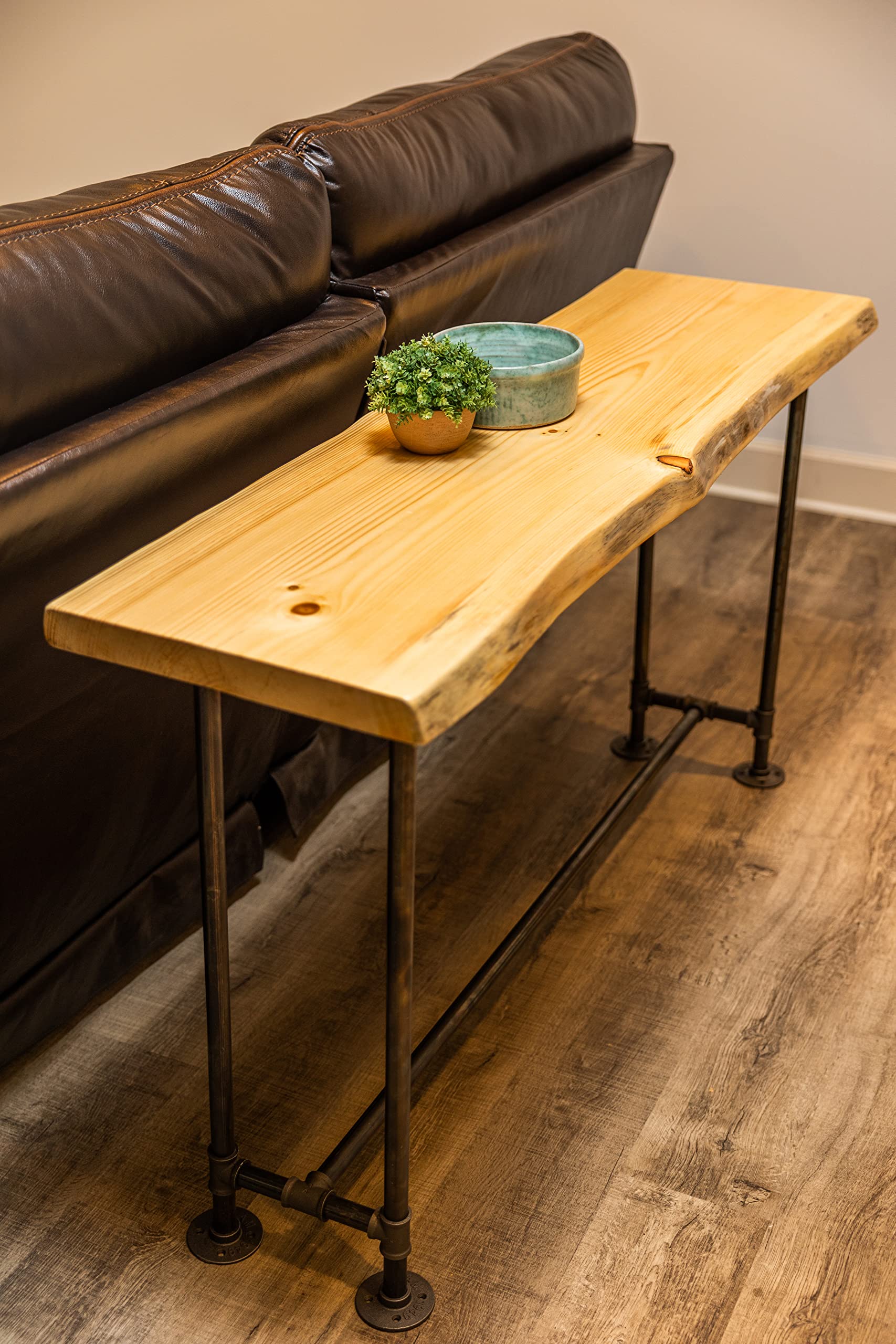 Rustic Industrial Pipe Sofa Table - Unfinished Live Edge Wood Console Table for Entryway, Living Room, or Behind Couch - Perfect for Farmhouse & Industrial Home Decor