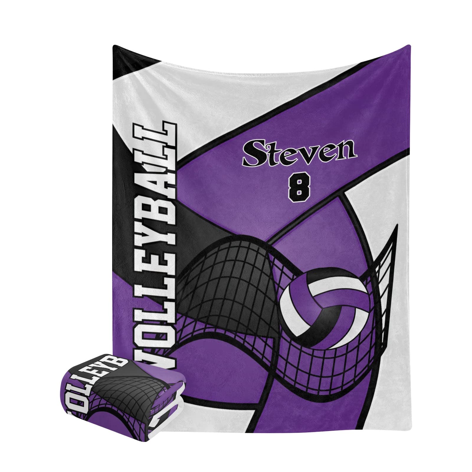 Personalized Volleyball Fleece Throw Blanket - Custom Name Soft Purple Black White Blanket 50x60 Inches - Cozy Gift for Sports Fans, Sofa & Bed Use
