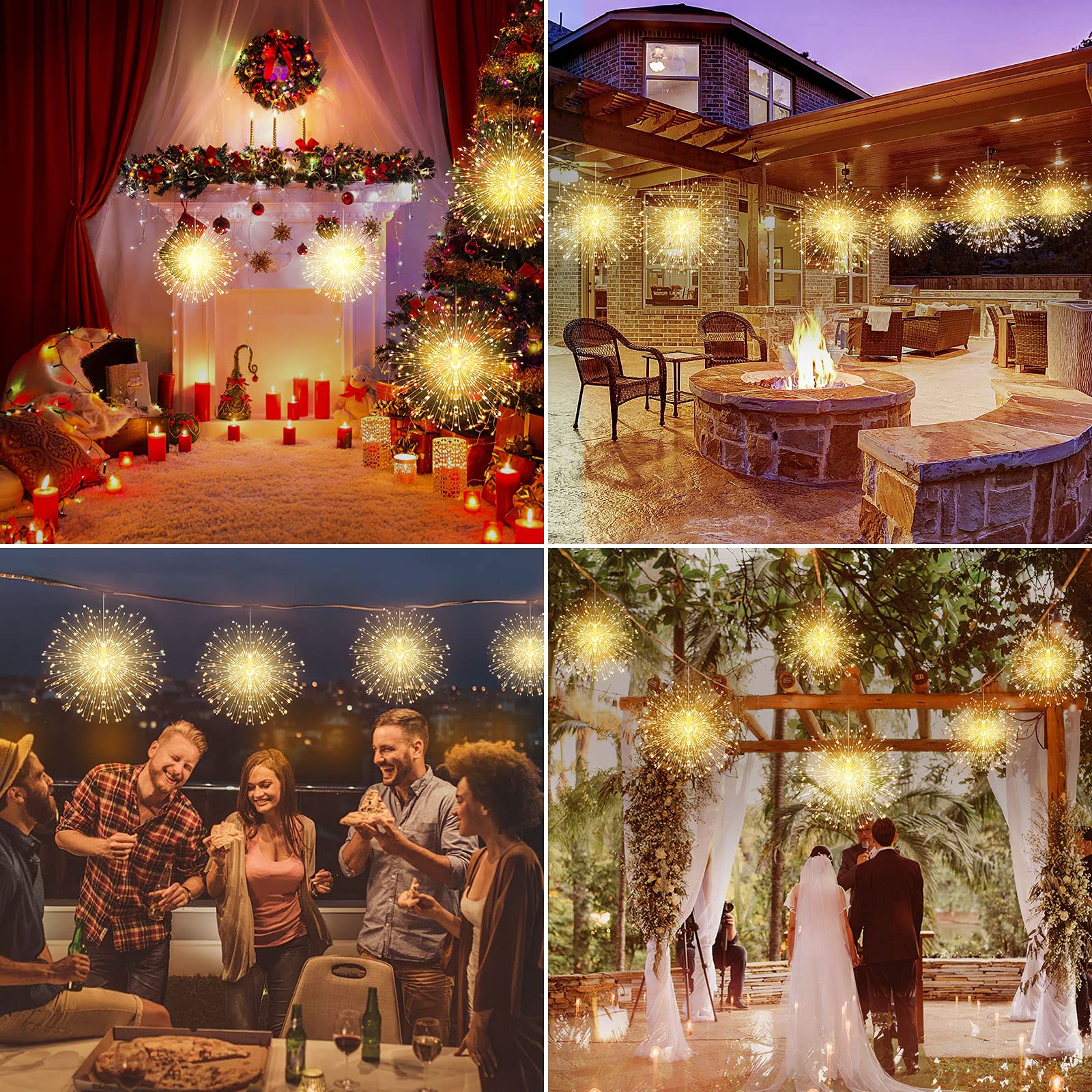 225 LED 8 Modes Dimmable String Lights with Remote Control - 4 Pack Waterproof Copper Wire Fairy Lights for Christmas, Party, Patio & Garden Decoration - Warm White Starry Lights for Indoor & Outdoor Use