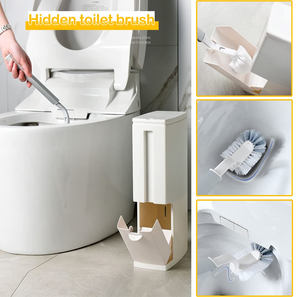 3-in-1 Slim Bathroom Trash Can with Pop-Up Lid & Built-in Brush Holder - 5 Liter Modern Rectangular Waste Bin for RV, Home, or Office - Press Top White/Ivory Garbage Can for Bathroom, Kitchen & Small Spaces