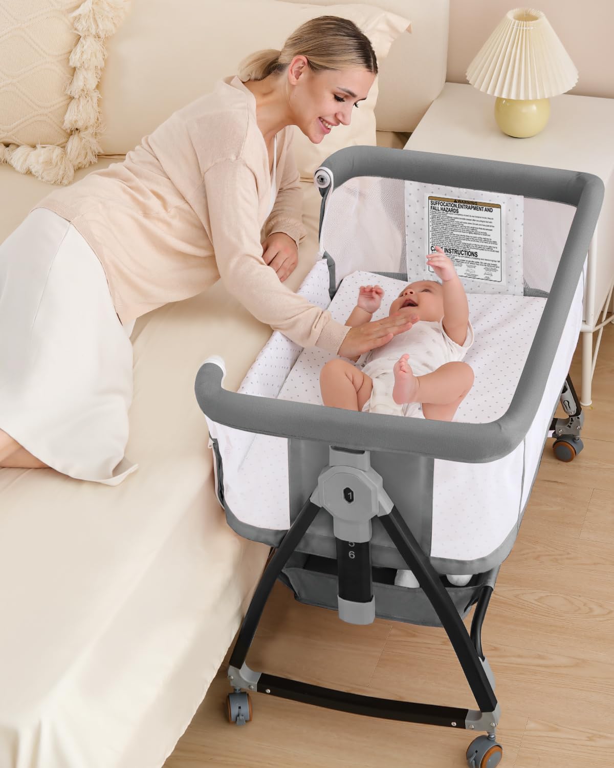 Portable Baby Bassinet with Wheels & Breathable Mesh - Adjustable Height, Foldable Design, Mosquito Net & Storage Basket - Perfect for Nursery, Bedside Co-Sleeping & Travel (Grey)