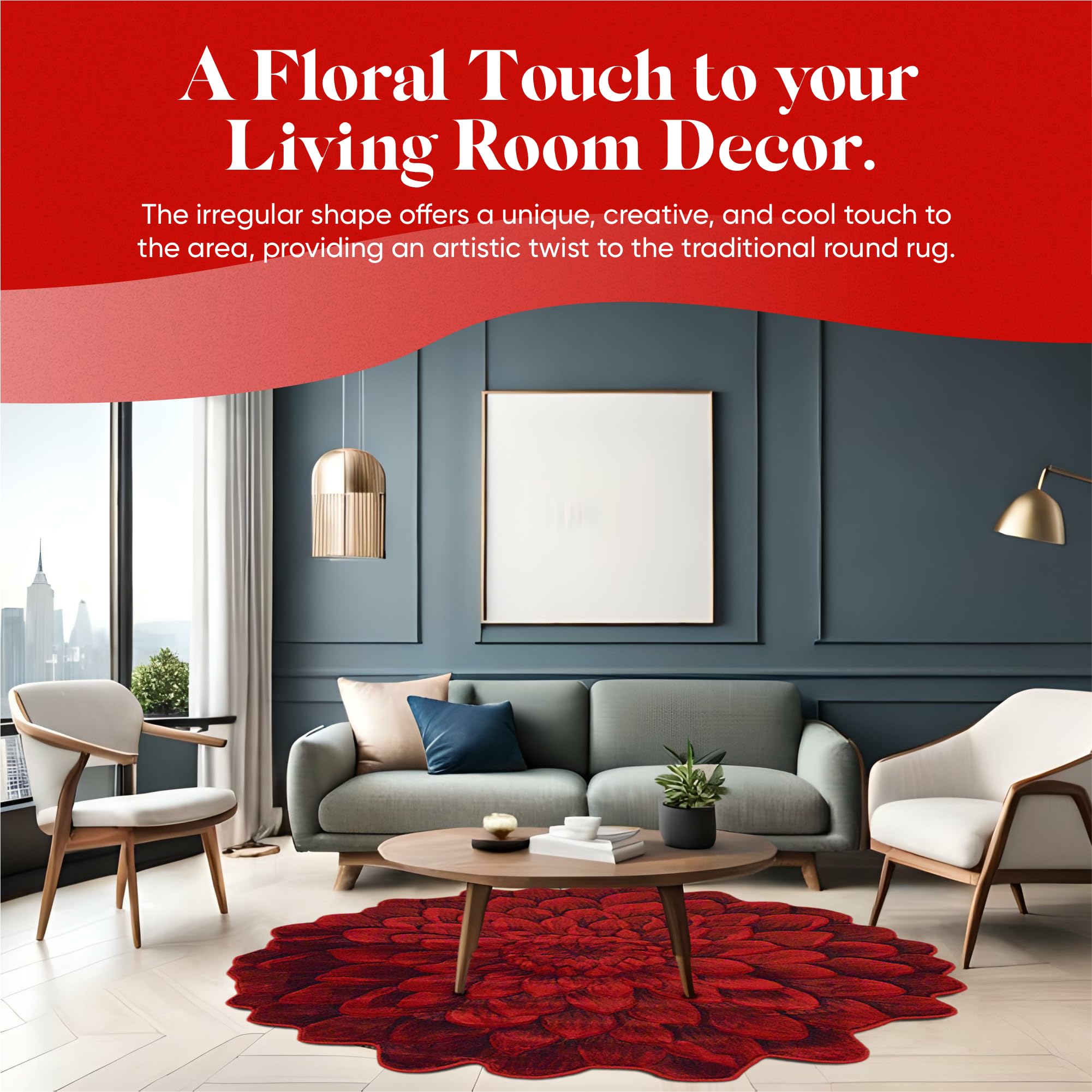 5ft Round Flower Shaped Area Rug - Soft Plush Girly Circle Carpet for Bedroom & Living Room - Vibrant Red Home Decor (Perfect for Boho Chic Decor, Kids Room & Nursery Flooring)