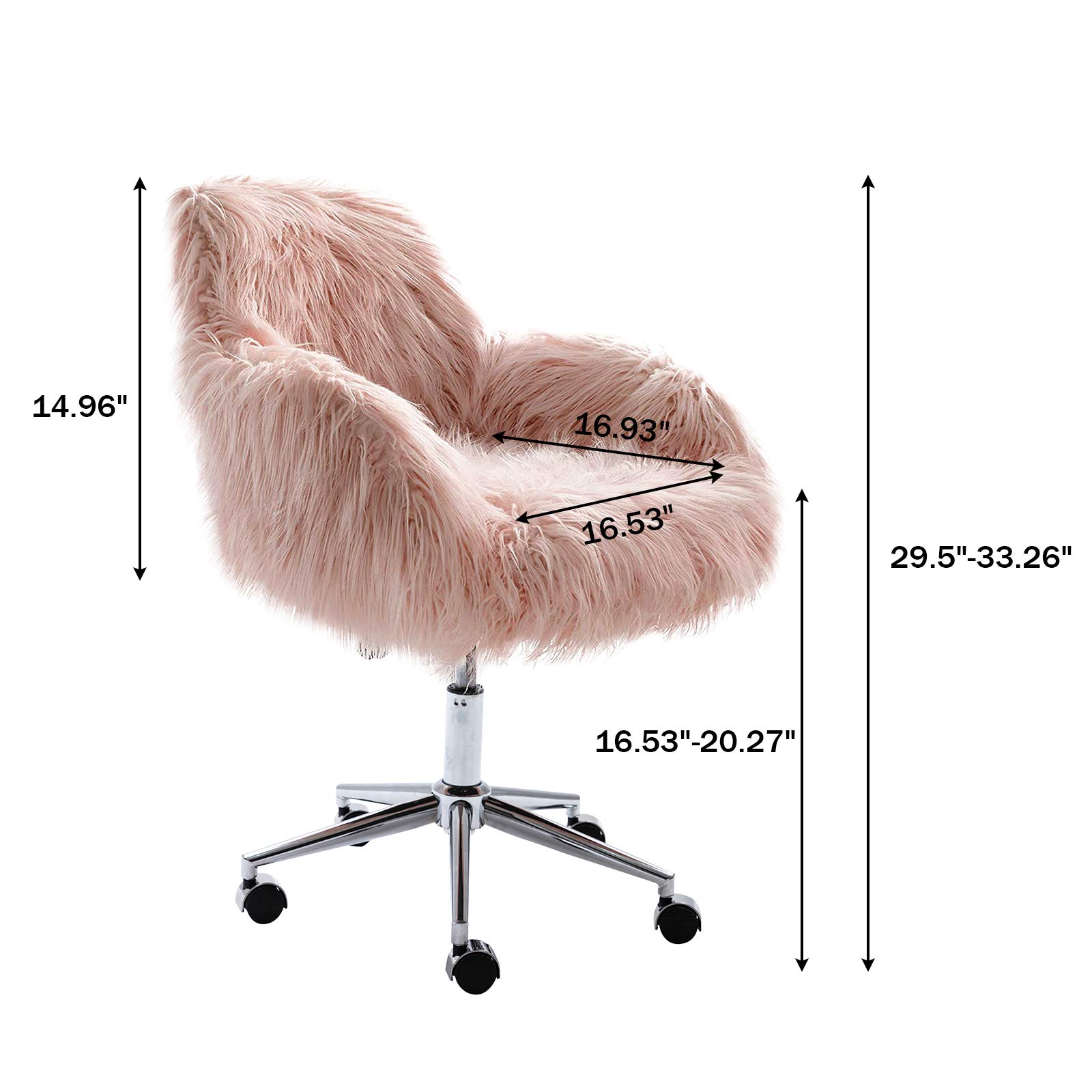 Elegant Pink Faux Fur Vanity Chair with Wheels - Modern Comfy Makeup Desk Chair for Girls & Women - Perfect for Bedroom, Living Room & Dressing Room Decor