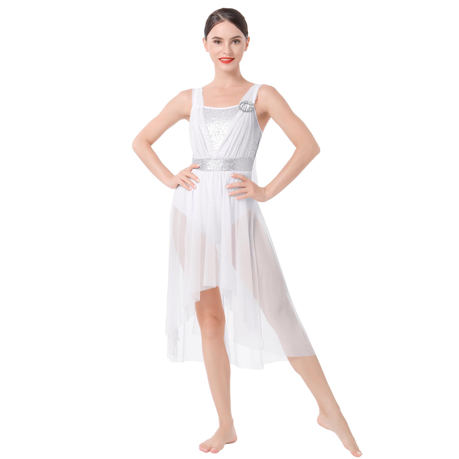 ODASDO Women's Lyrical Dance Dress - Modern Contemporary Ballet Costume with Sequins, Mesh & Tulle High-Low Skirt for Performances, Recitals & Competitions