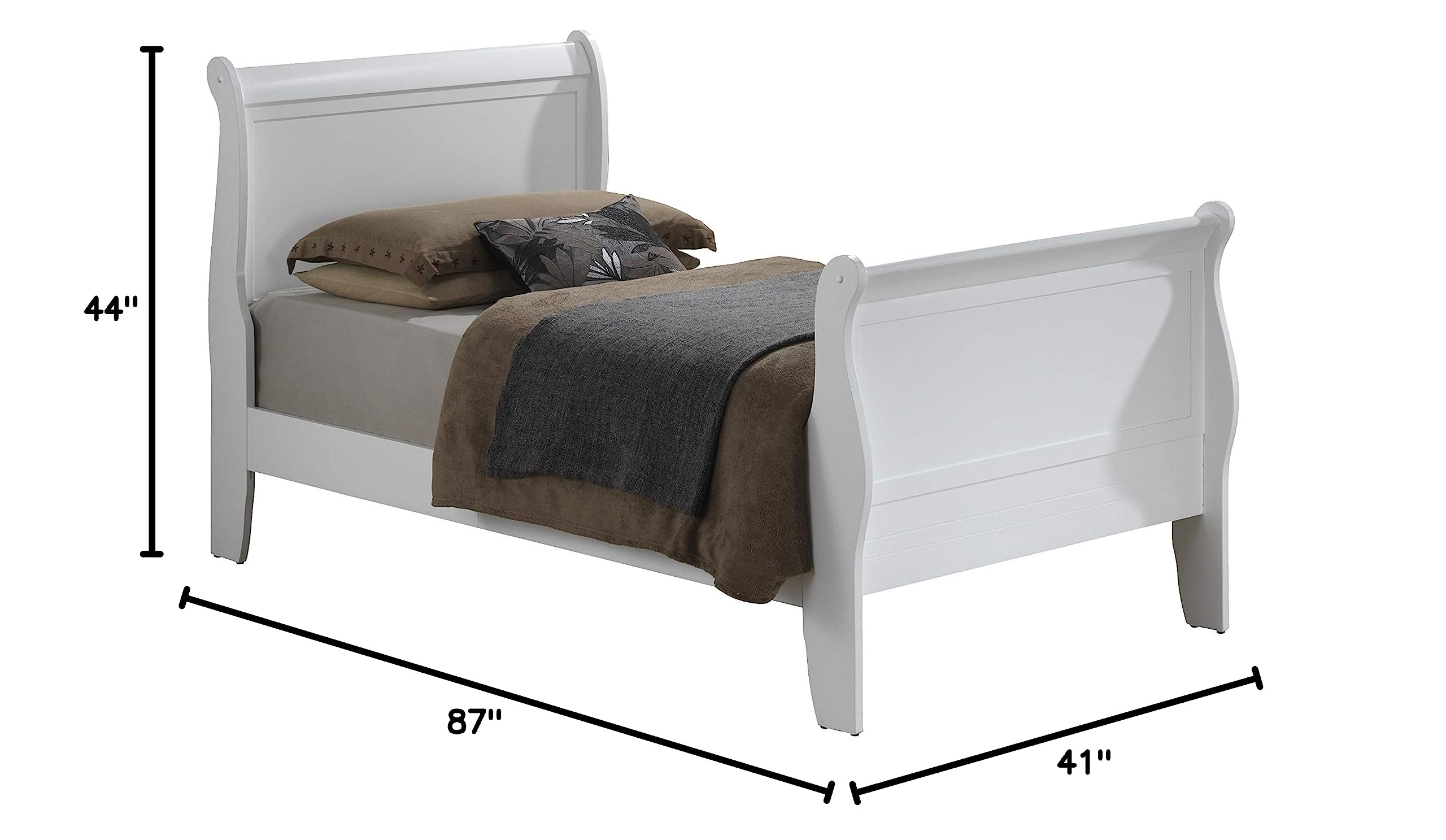 Glory Furniture Louis Phillipe Twin Sleigh Bed in White - Elegant Wooden Bed Frame for Kids & Guest Rooms - Perfect for Bedrooms, Dorms & Small Spaces