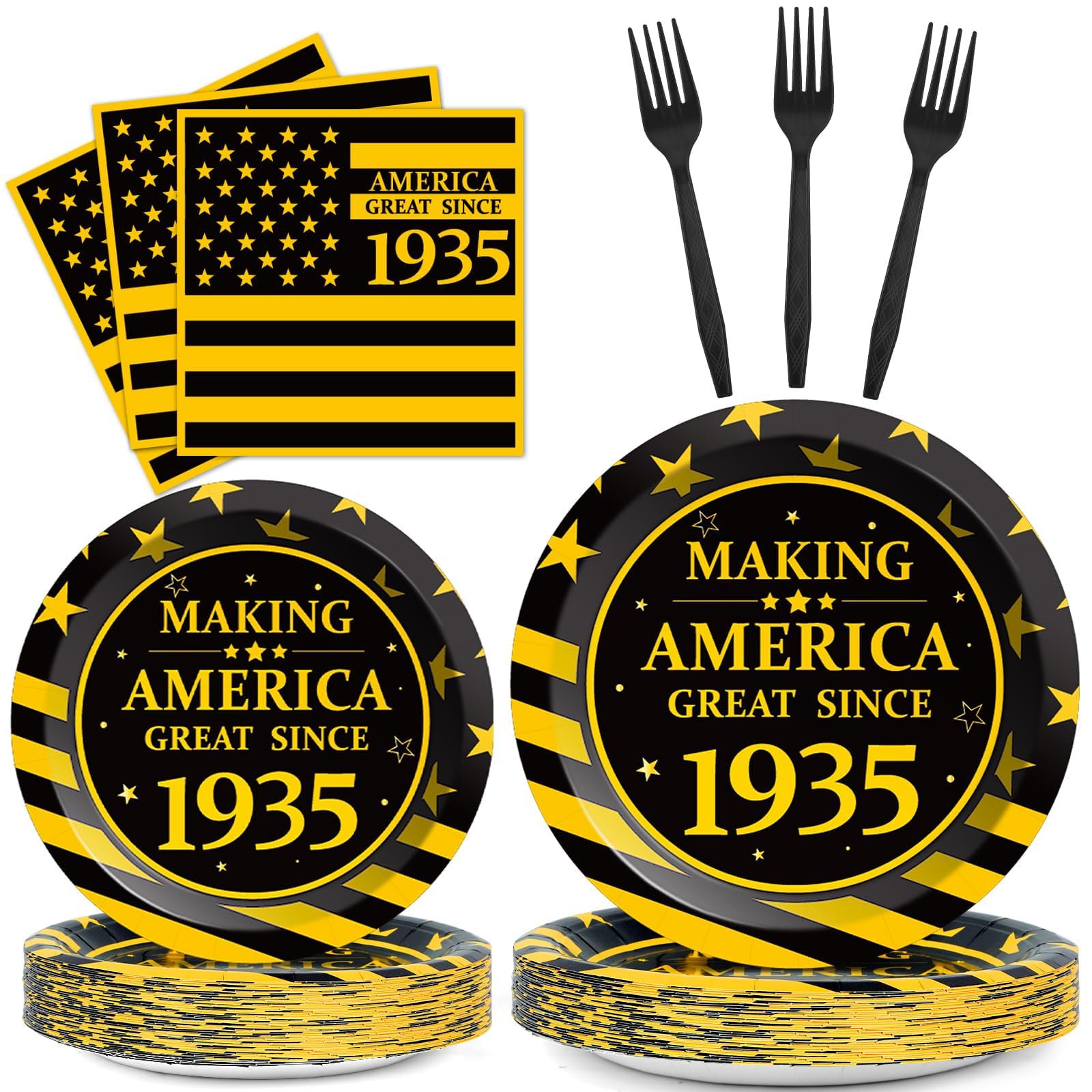 90th Birthday Party Supplies Set - 96 Pcs Black & Gold Paper Plates, Napkins, Forks - Elegant Dinnerware for 24 Guests - Perfect for 1935 Themed Celebrations (Men & Women) - Great for Milestone Anniversaries & Retirement Parties