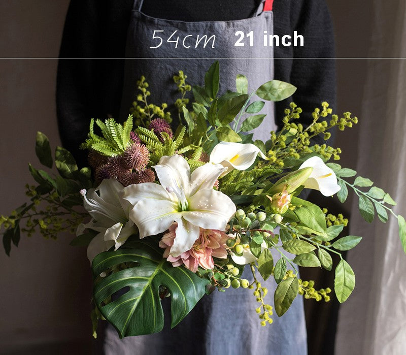 Elegant Calla Lily, Monstera Leaf & Dahlia Flower Arrangement - Modern Botanical Home Decor for Bedroom, Living Room & Wedding Centerpieces