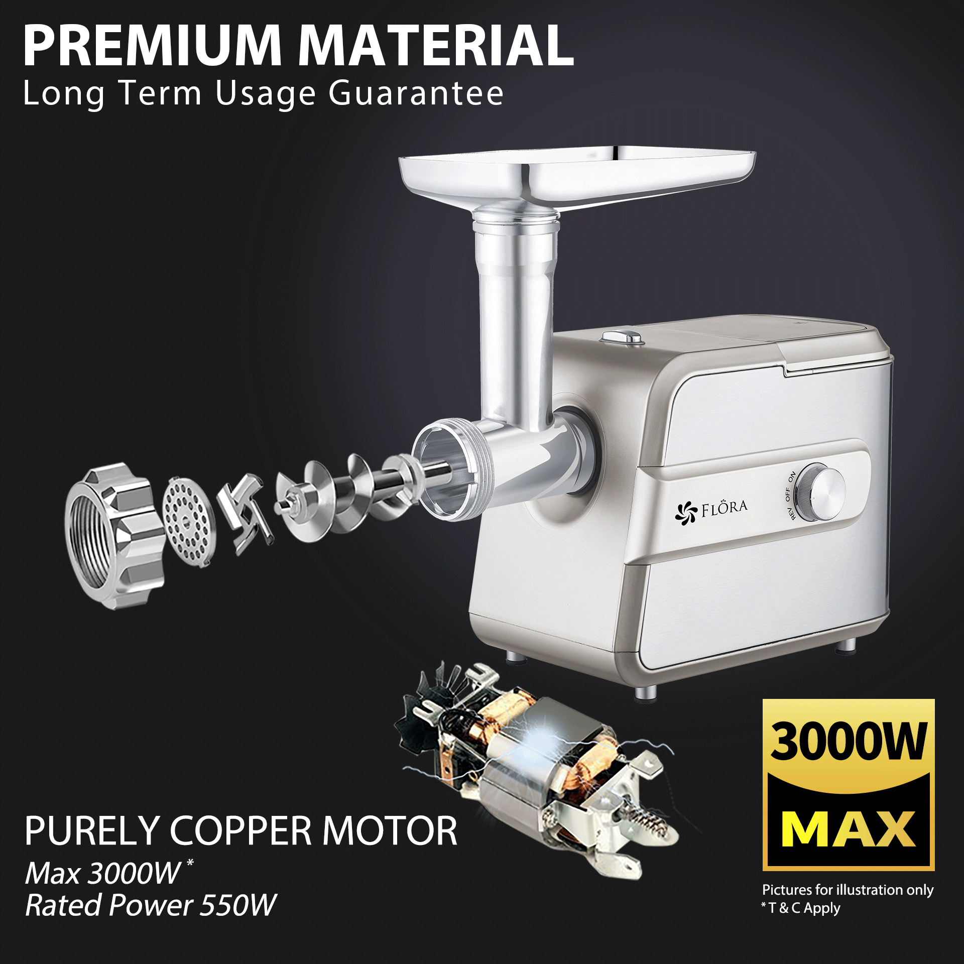 Flora Max 3000W Electric Meat Grinder & Sausage Stuffer - Professional Sausage Maker, Kibbe Maker & Tomato Sauce Kit (Model FL MGM GT550) - Perfect for Home Butchering, Sausage Making & Food Prep