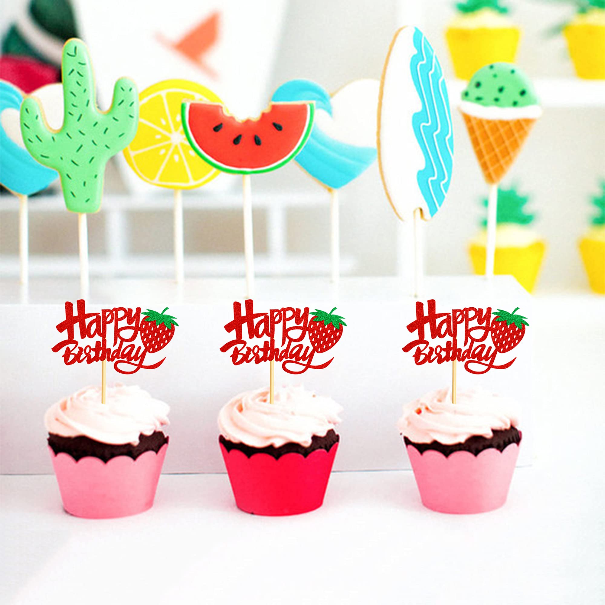 36 Pack Red Strawberry Happy Birthday Cupcake Toppers - Fun Party Decorations for Girls & Boys Birthday Celebrations - Perfect for Cupcakes, Cakes, and Dessert Table Decor