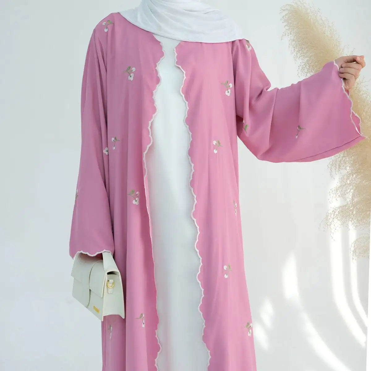 Elegant Floral Embroidered Open Front Abaya Dress for Women - Boho Chic Cardigan Cover Up - Perfect for Prayer, Mosque, and Special Occasions