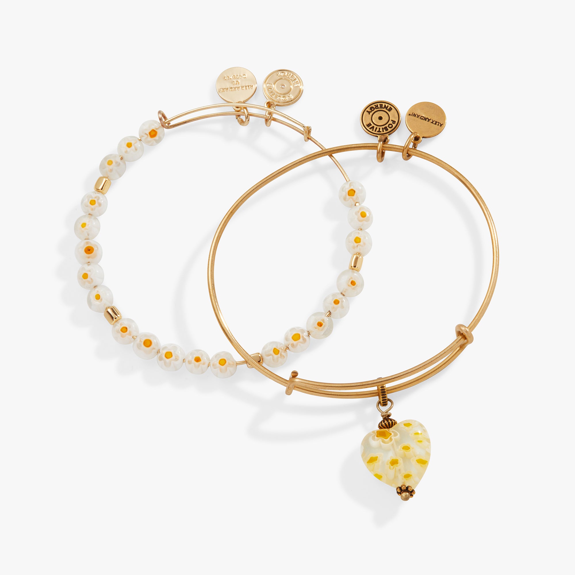 Daisy Heart Charm Bangle Bracelet Set of 2 - Elegant Floral Jewelry for Women, Girls | Perfect for Valentine's Day, Anniversary, Birthday Gifts