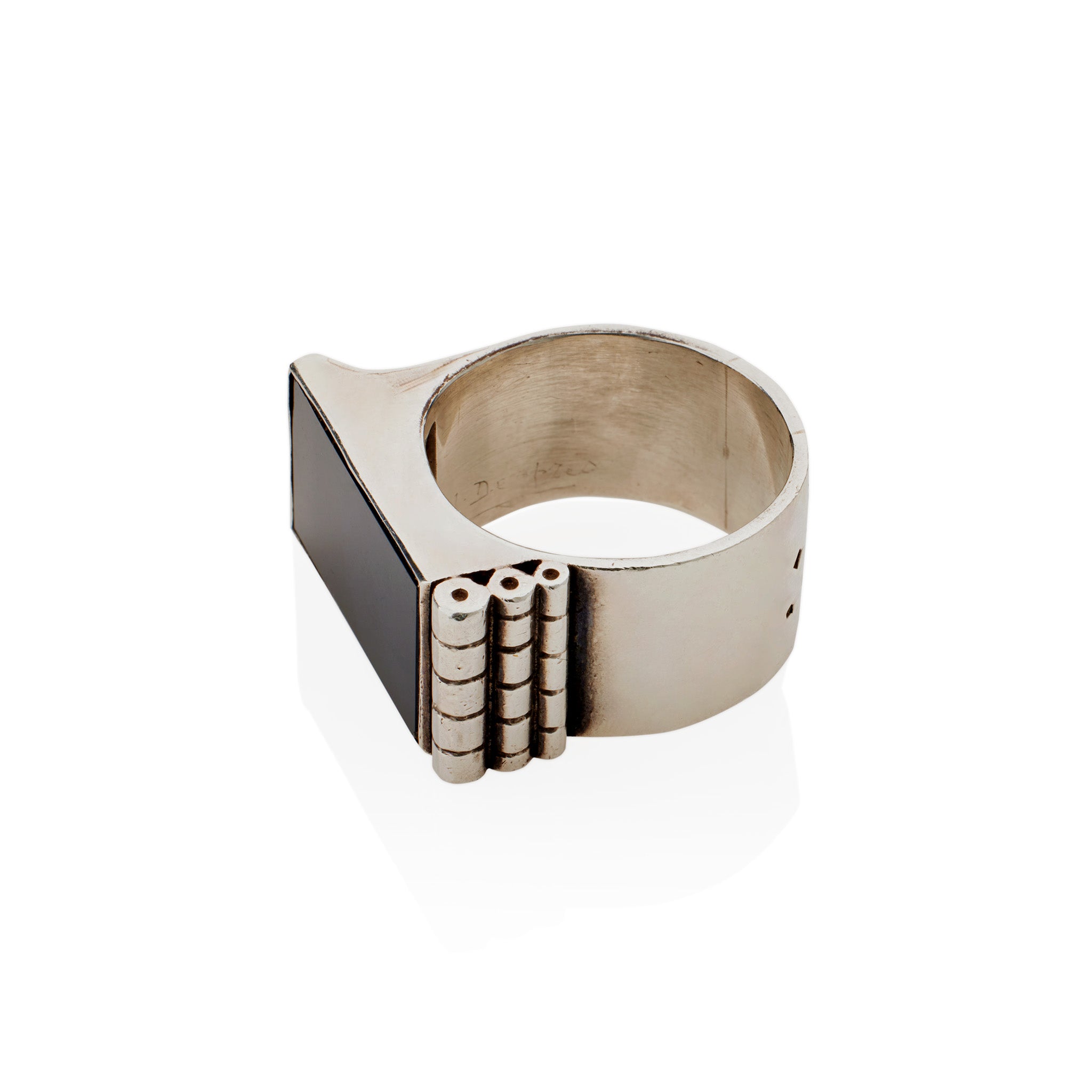Vintage Jean Després Modernist Silver & Onyx Motor-Inspired Jewelry Ring - Art Deco Statement Piece for Women's Fashion & Special Occasions