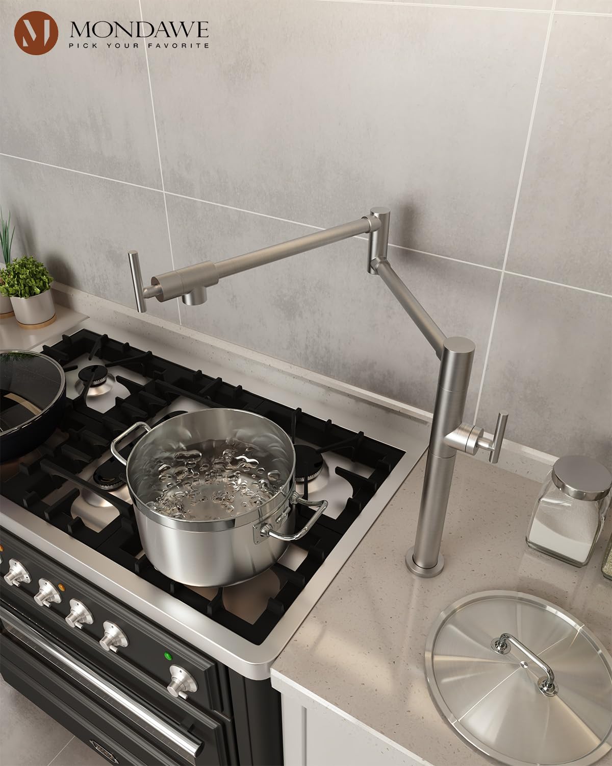 2-in-1 Commercial Grade Pot Filler Faucet - Deck Mount Brass Kitchen Faucet with Double Joint Swing Arms - Lead-Free Brushed Nickel Finish - Ideal for Stove Pot Filling in Restaurants & Home Kitchens