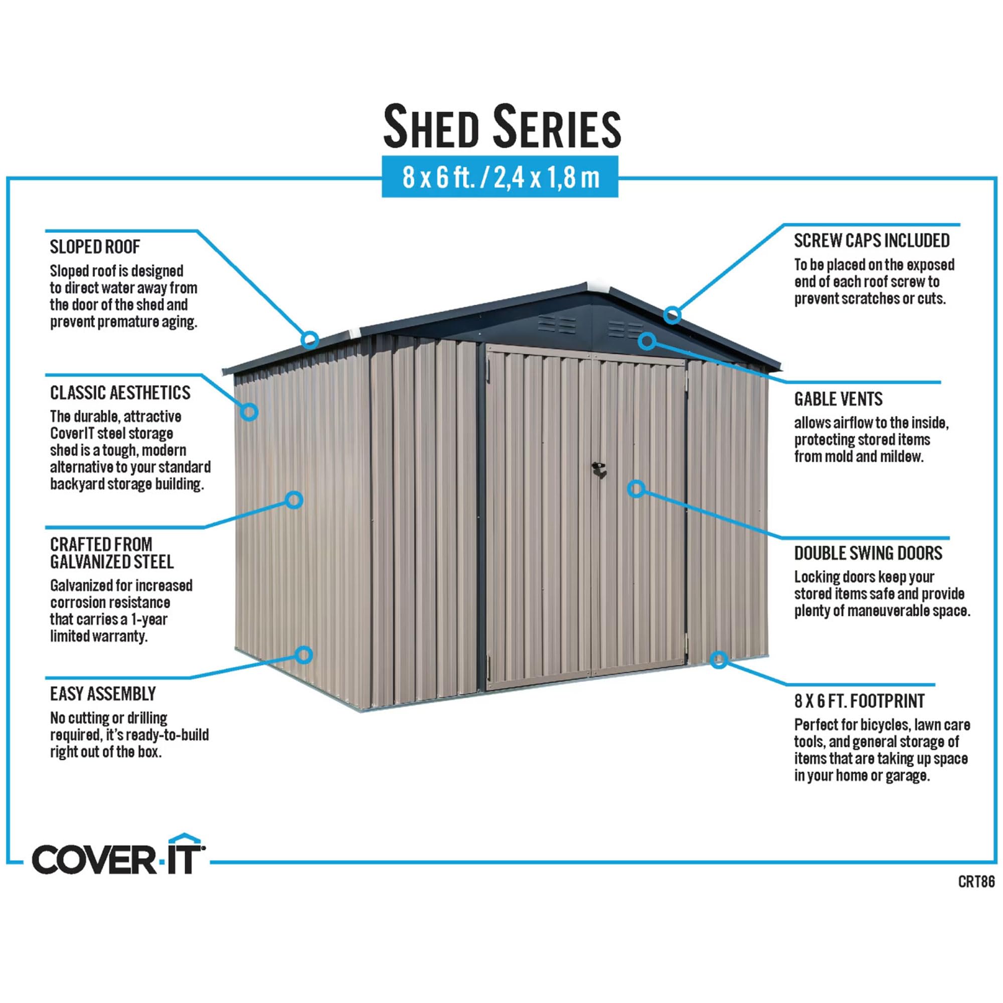 Galvanized Steel Outdoor Storage Shed with Lockable Doors - 8x6 Tan Metal Shed for Backyard, Patio, Garden | Secure Storage for Bikes, Grills, Tools, Toys & Camping Gear | Weather-Resistant Lawn & Garden Shed for Home Organization